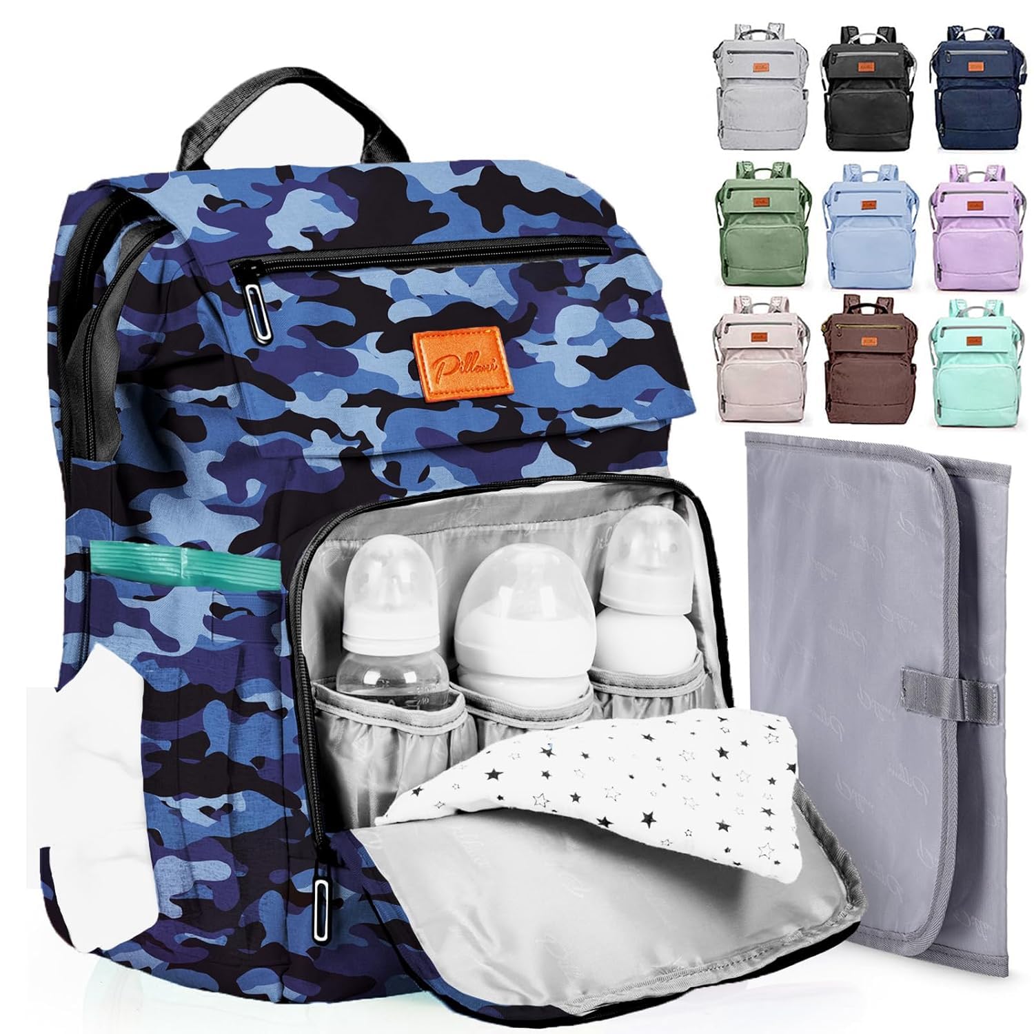 PILLANI Baby Diaper Bag Backpack front view shows roomy layout for quick diaper and bottle access.