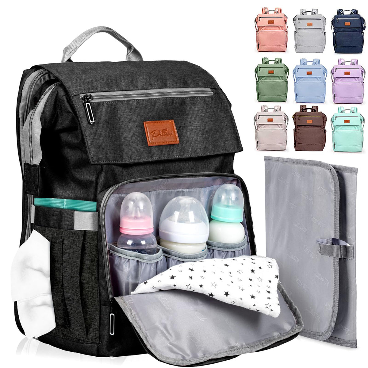 PILLANI diaper bag backpack front view with accessible compartments for newborn essentials