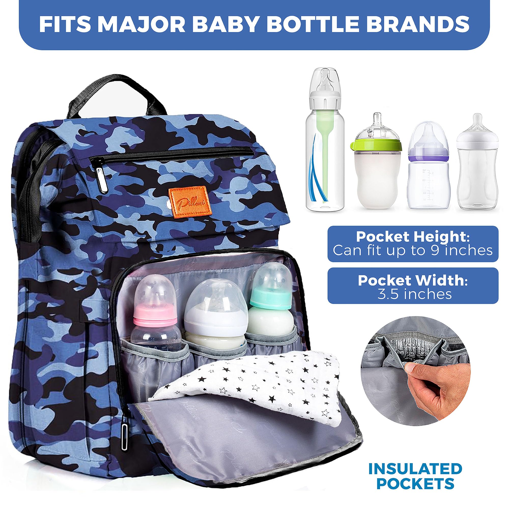PILLANI Baby Diaper Bag Backpack insulated bottle pockets support on-the-go feeds.