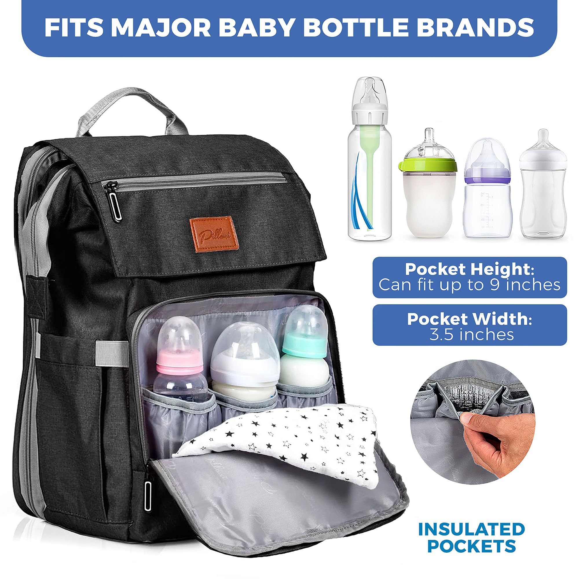 PILLANI diaper bag insulated pockets keep bottles ready