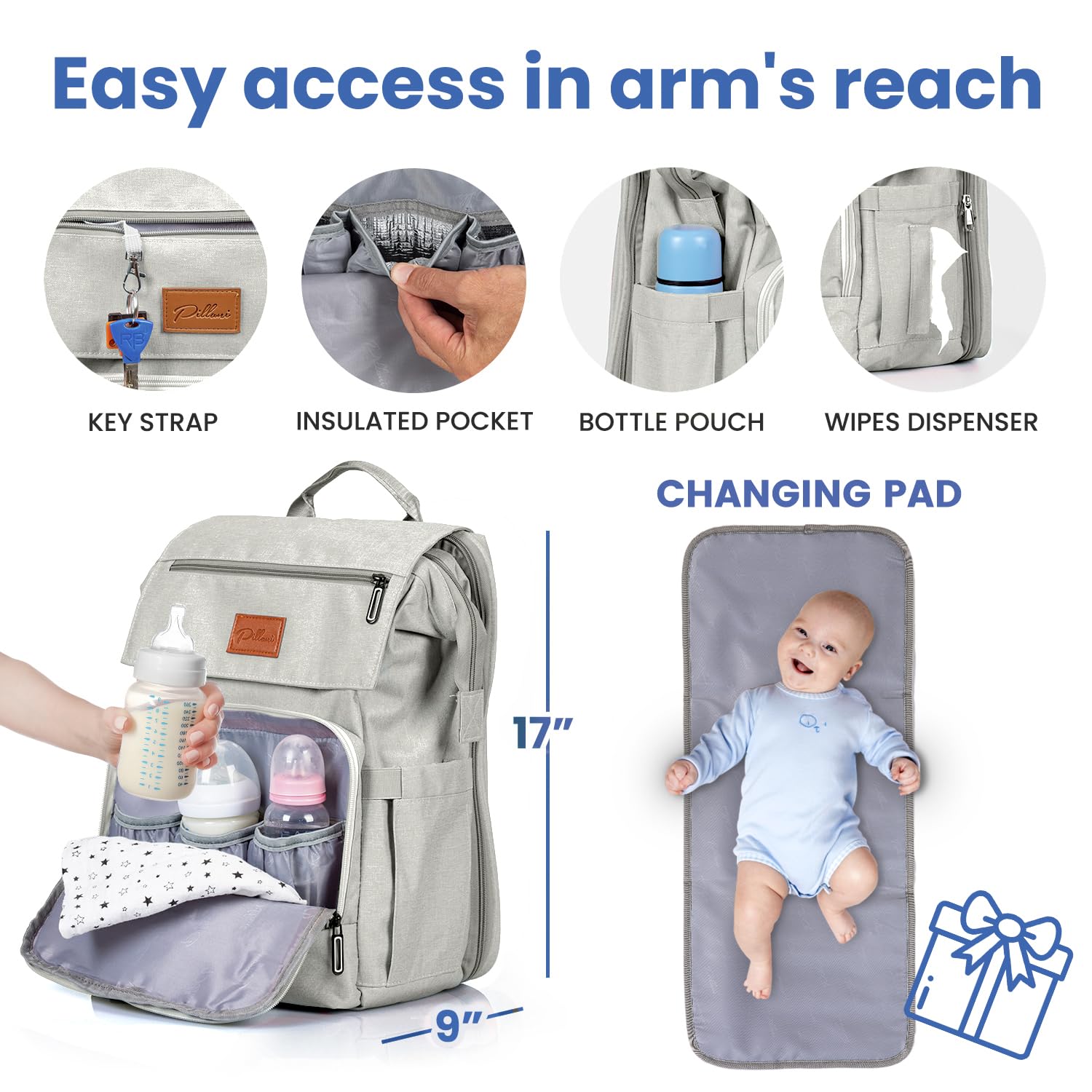 PILLANI diaper bag back pocket side elastic pockets for wipes and snacks.