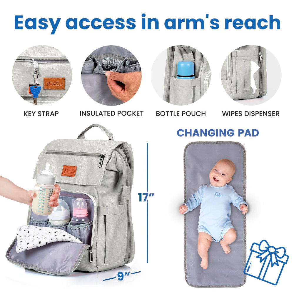 PILLANI diaper bag back pocket side elastic pockets for wipes and snacks.