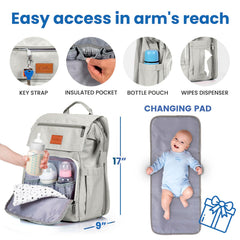 PILLANI diaper bag back pocket side elastic pockets for wipes and snacks.
