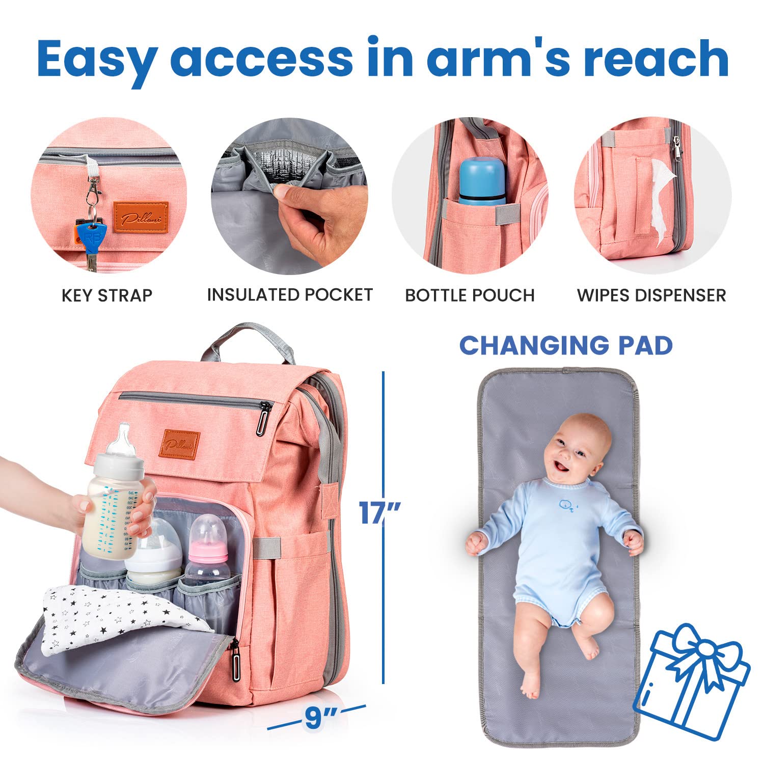 PILLANI diaper bag insulated pockets highlight bottle storage for on-the-go feeding