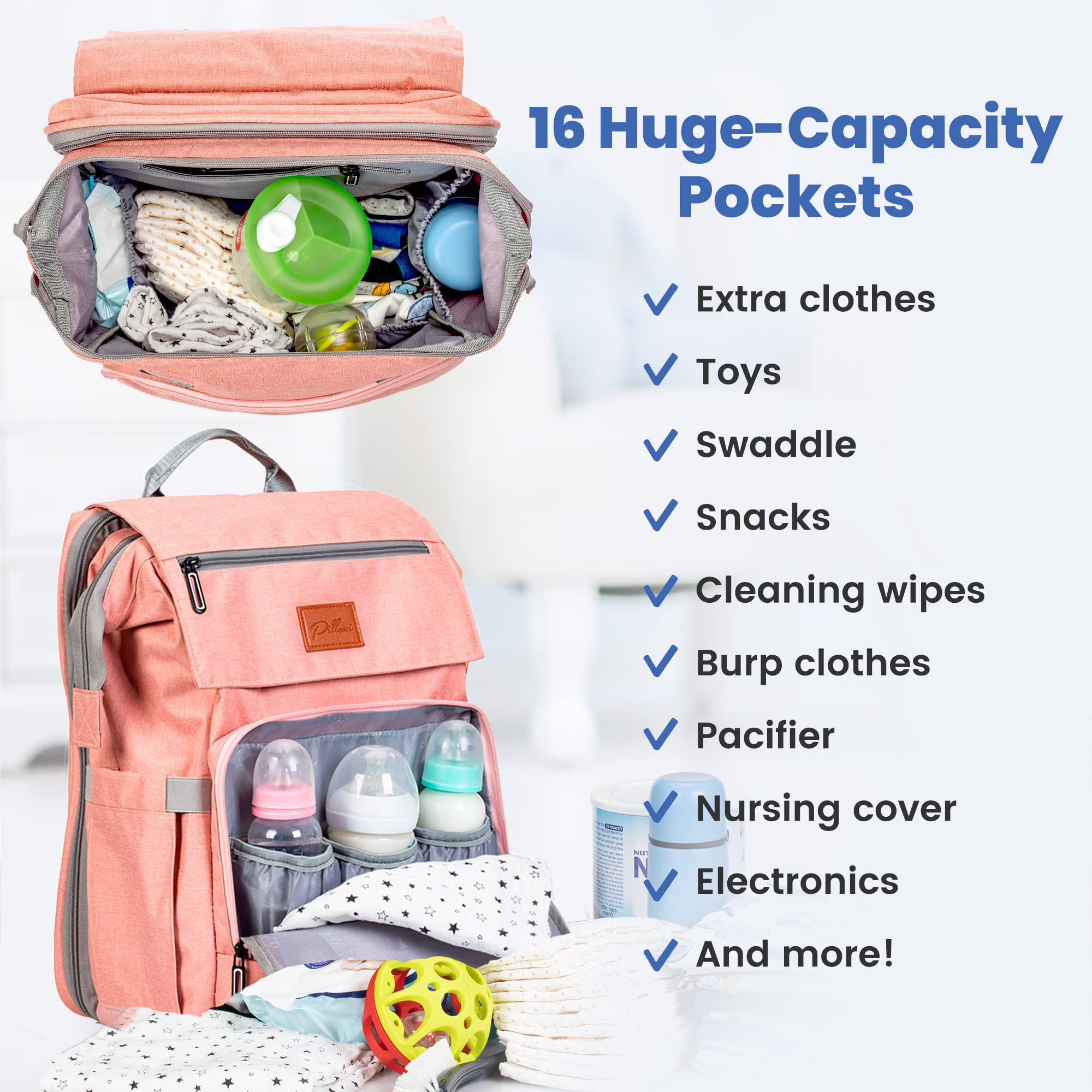 PILLANI diaper bag backpack with stroller buckles demonstrates travel-ready convenience