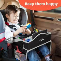 PILLANI car-seat-tray shows compact, secure setup with easy-access pockets for travel.