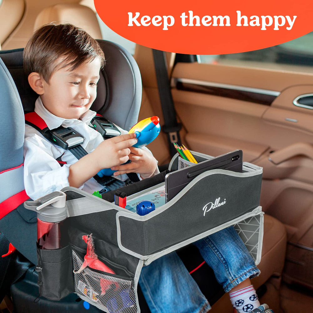 PILLANI car-seat tray with organization pockets helps store toys and snacks.