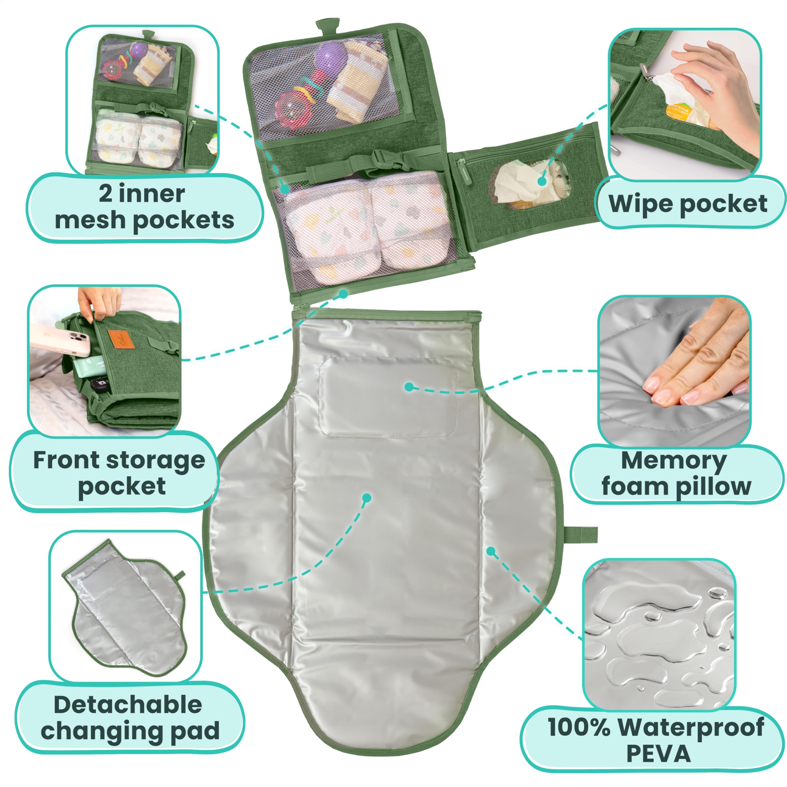 Pillani changing pad opened with one-handed buckle for quick changes.