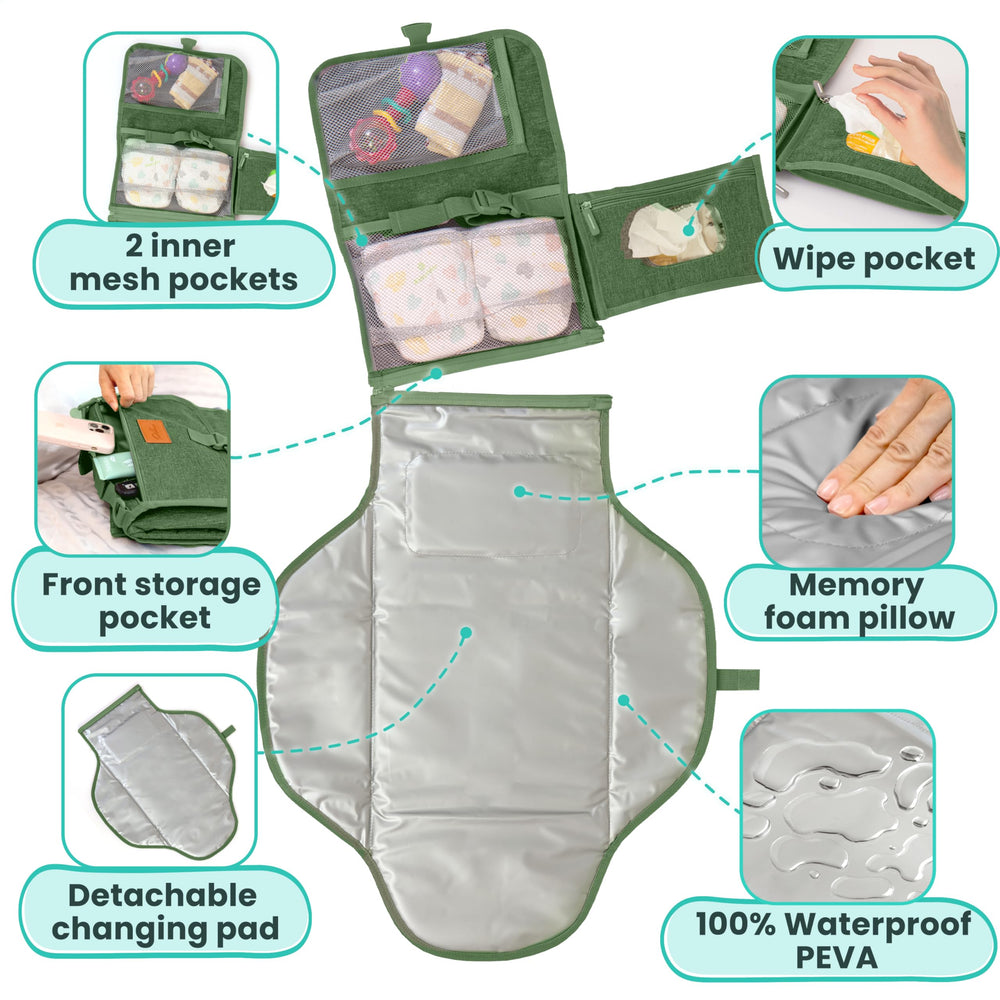 Pillani changing pad opened with one-handed buckle for quick changes.