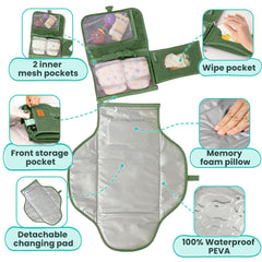 Pillani changing pad opened with one-handed buckle for quick changes.