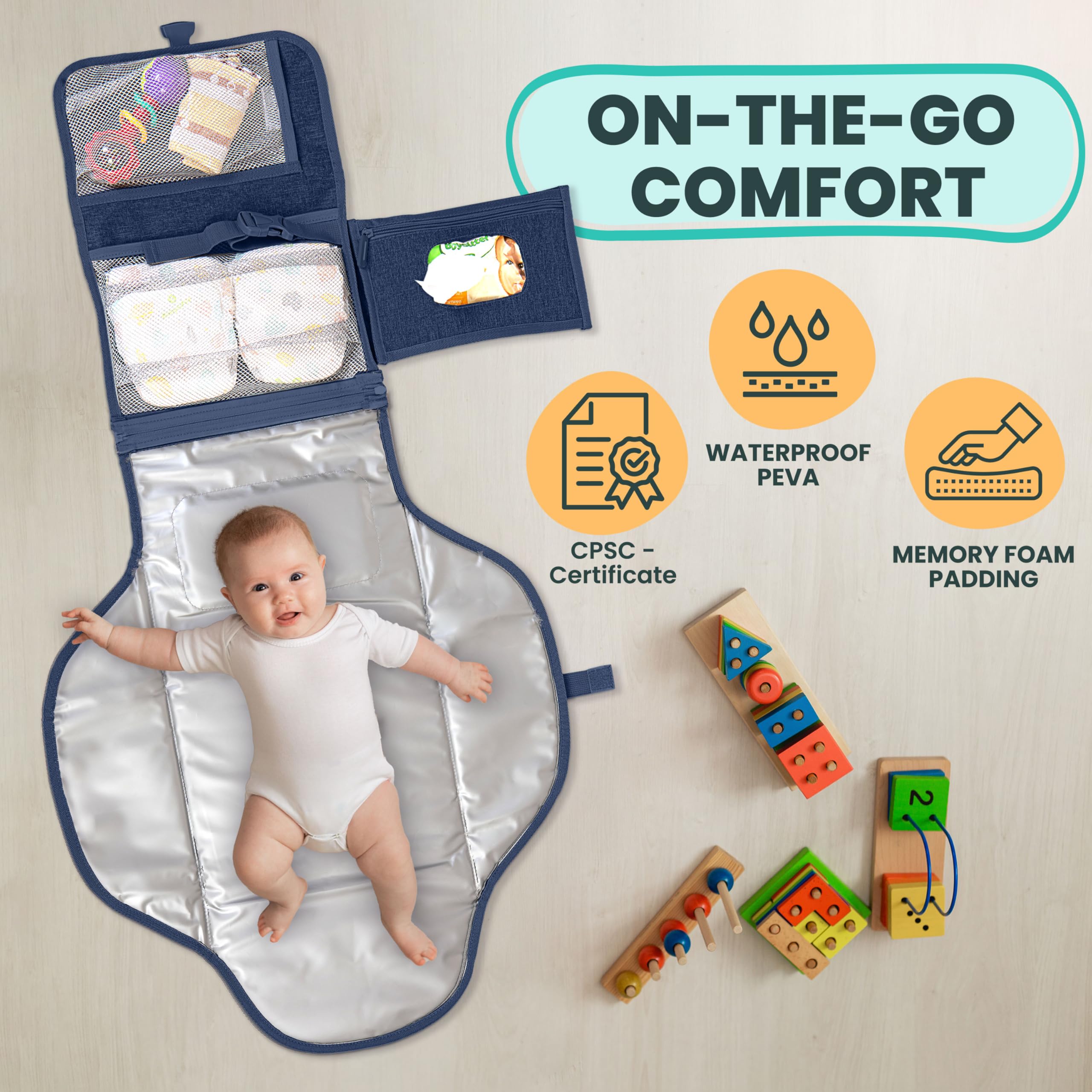 Pillani changing pad open shows 27 by 22 inch area for quick diaper changes