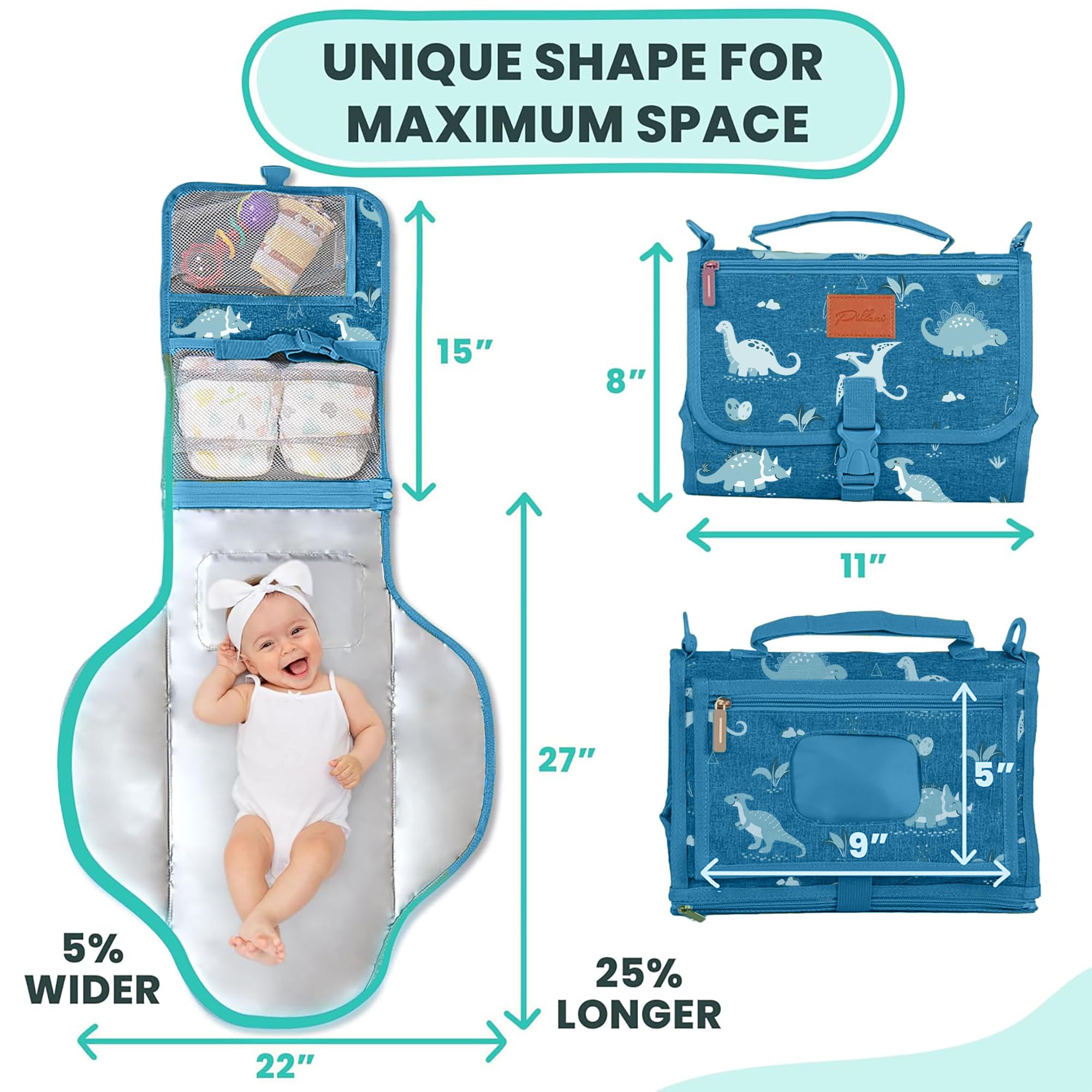 Pillani changing pad wipes pocket offers easy-access storage for baby wipes during changes.