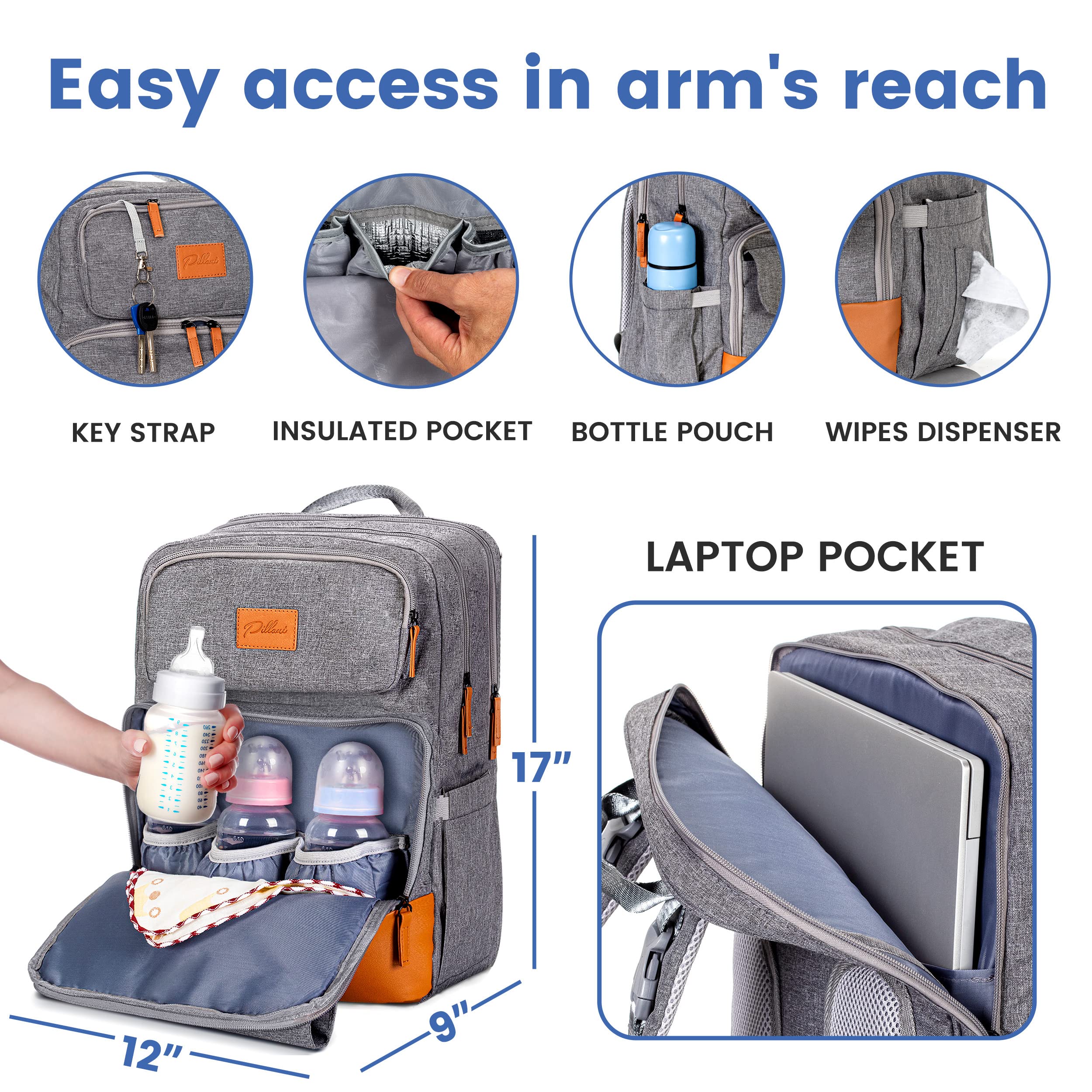 PILLANI diaper bag backpack-16-function-pockets organizes baby items neatly and quickly