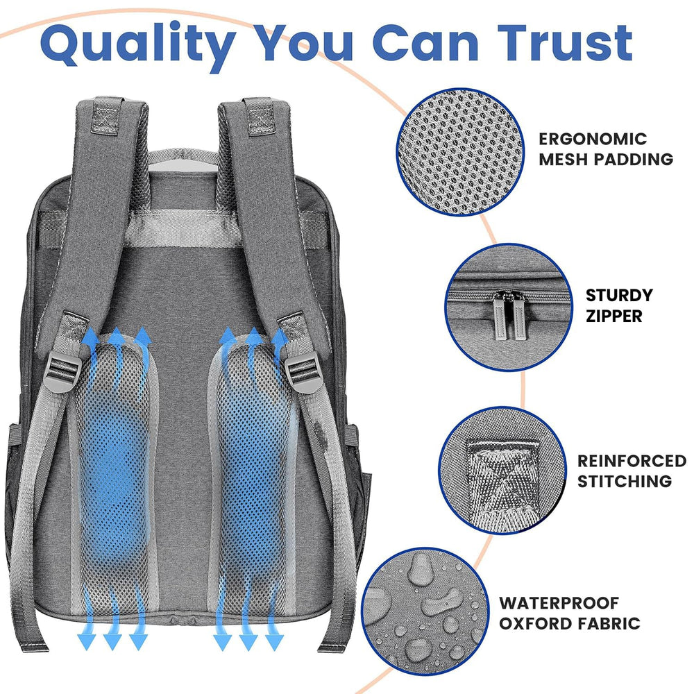 PILLANI diaper bag backpack changing pad compatibility supports on-the-go changes.