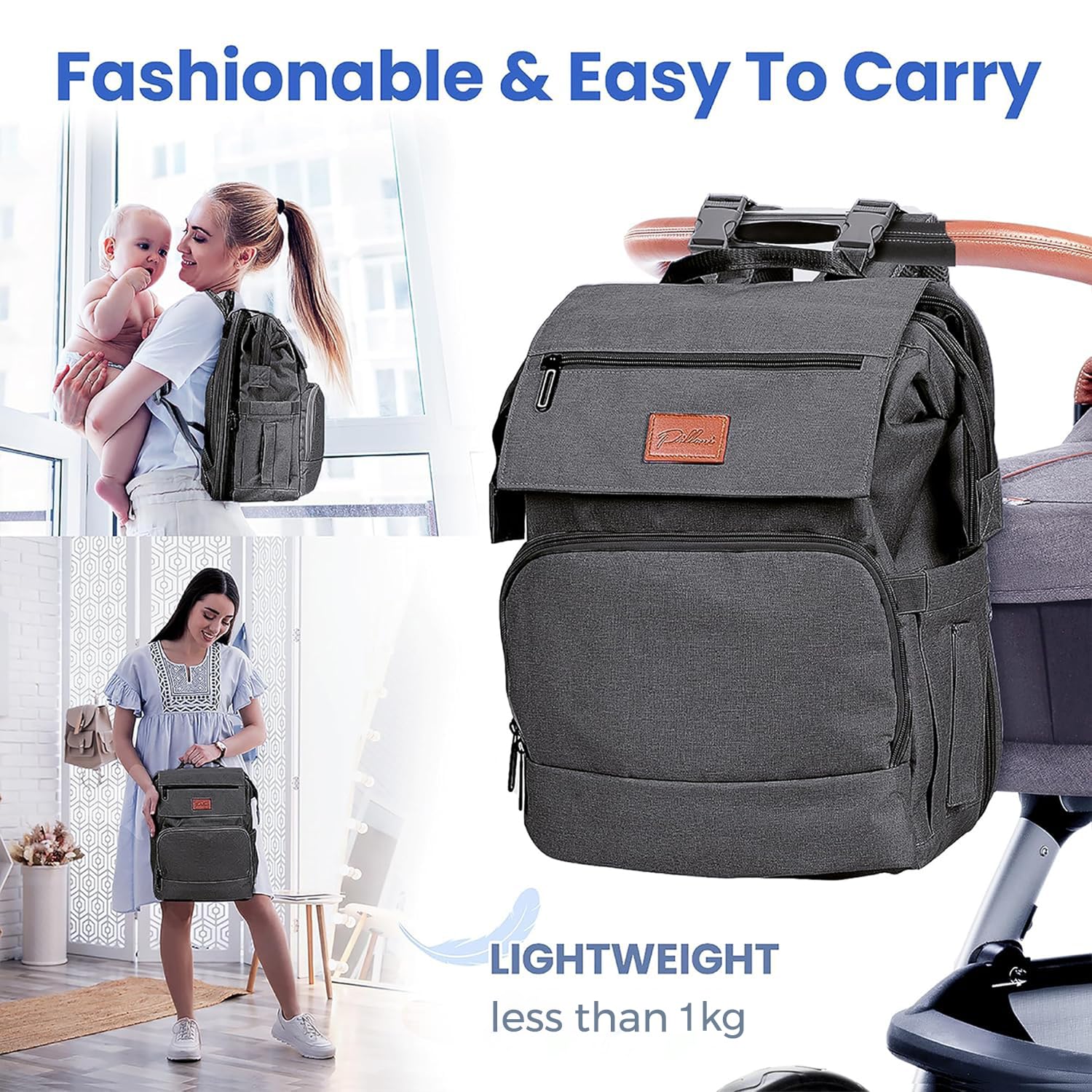 PILLANI diaper bag backpack includes changing pad for quick diaper changes.