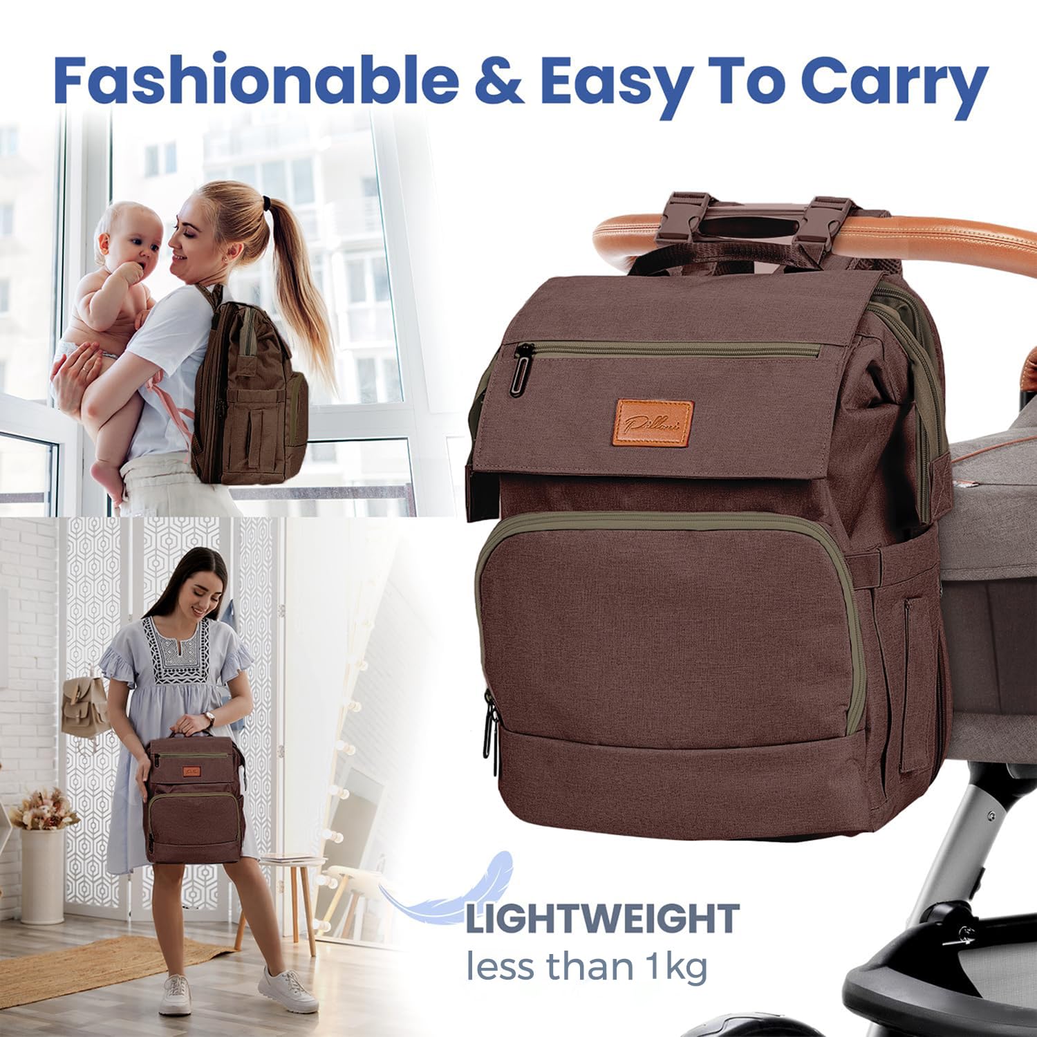 PILLANI diaper bag backpack changing pad inside for on-the-go changes.