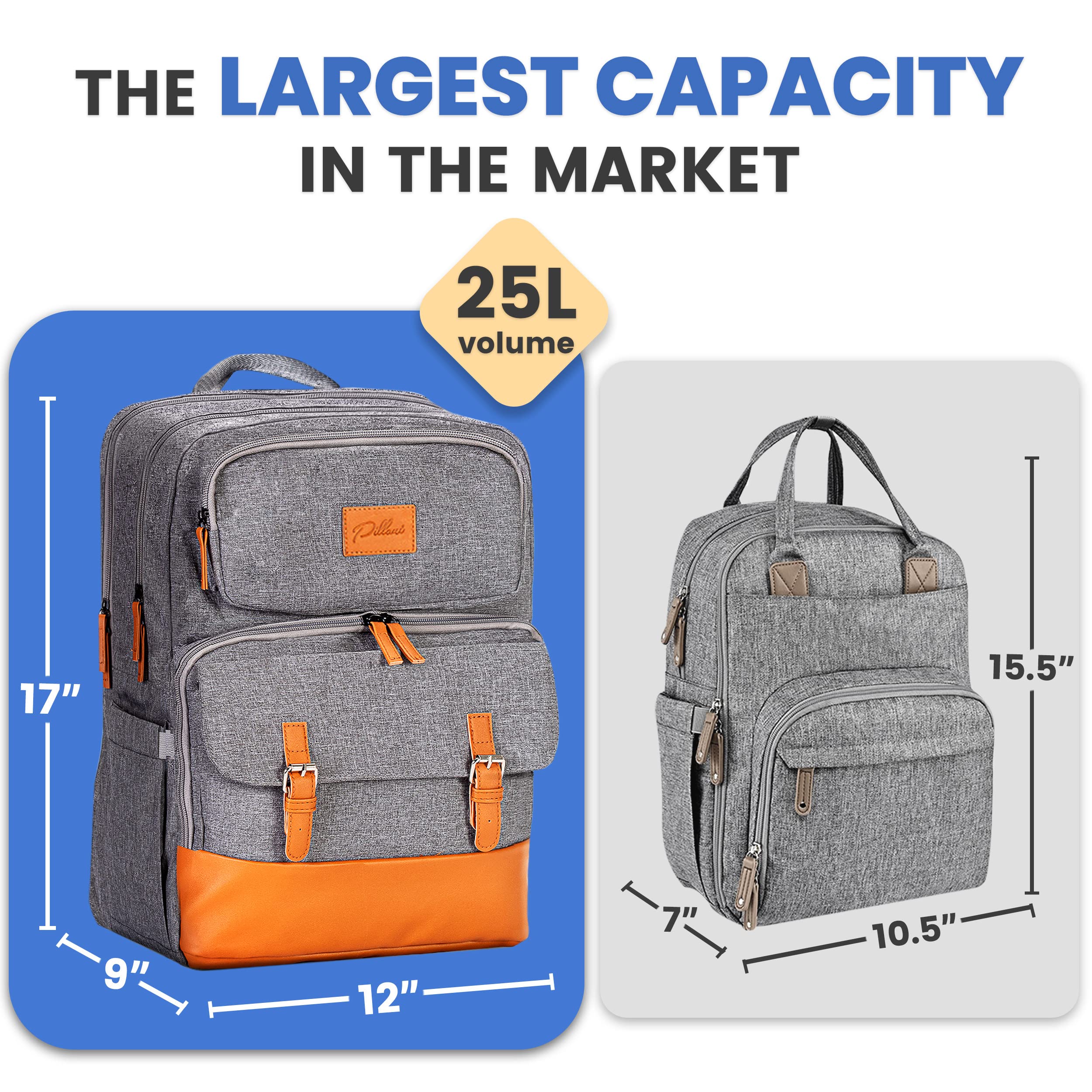 PILLANI diaper bag backpack dimensions-17x12x9 shows generous yet compact storage