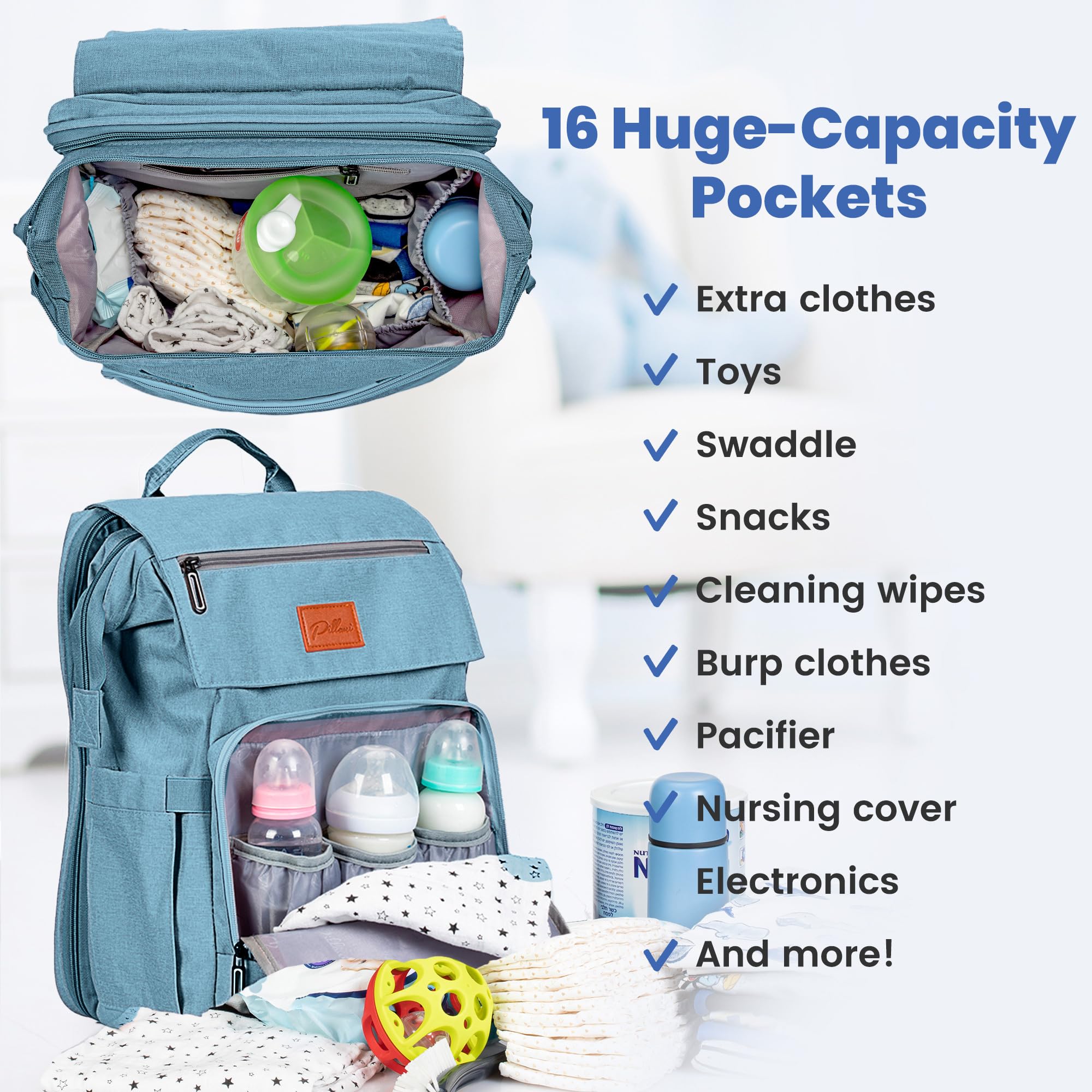 PILLANI diaper bag backpack interior layout with baby essentials neatly accessible