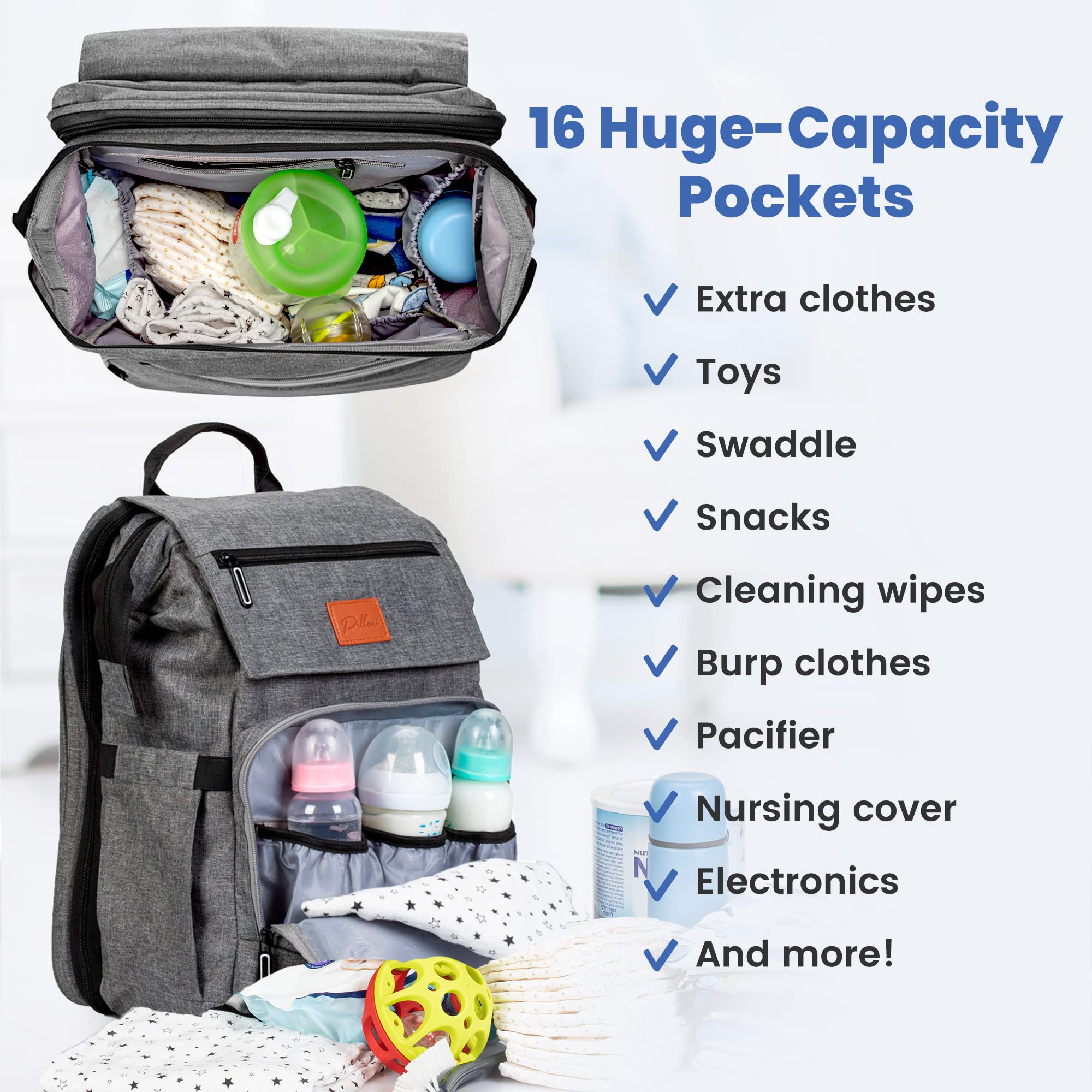 PILLANI diaper bag backpack insulated bottle pockets help maintain feeds on the go.