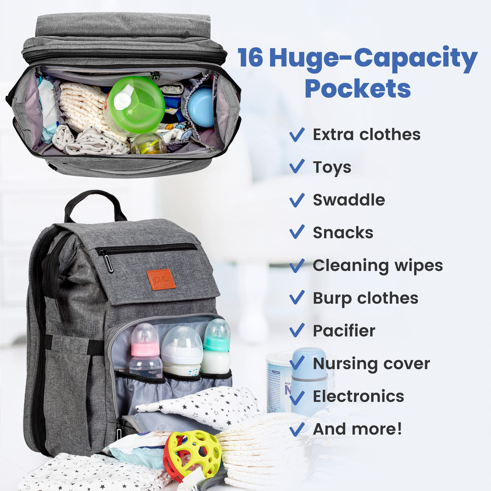 PILLANI diaper bag backpack insulated bottle pockets help maintain feeds on the go.