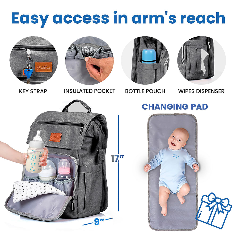PILLANI diaper bag backpack with insulated pockets for temperature-controlled feeding.