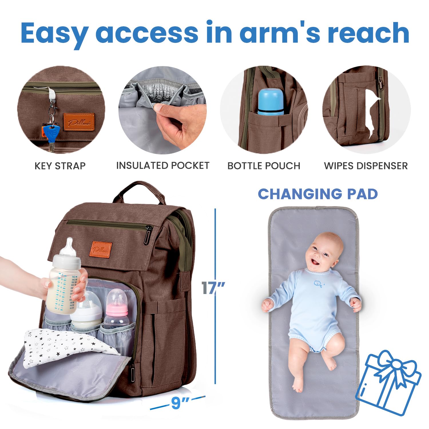 PILLANI diaper bag backpack insulated bottle pockets keep bottles warm or cool.