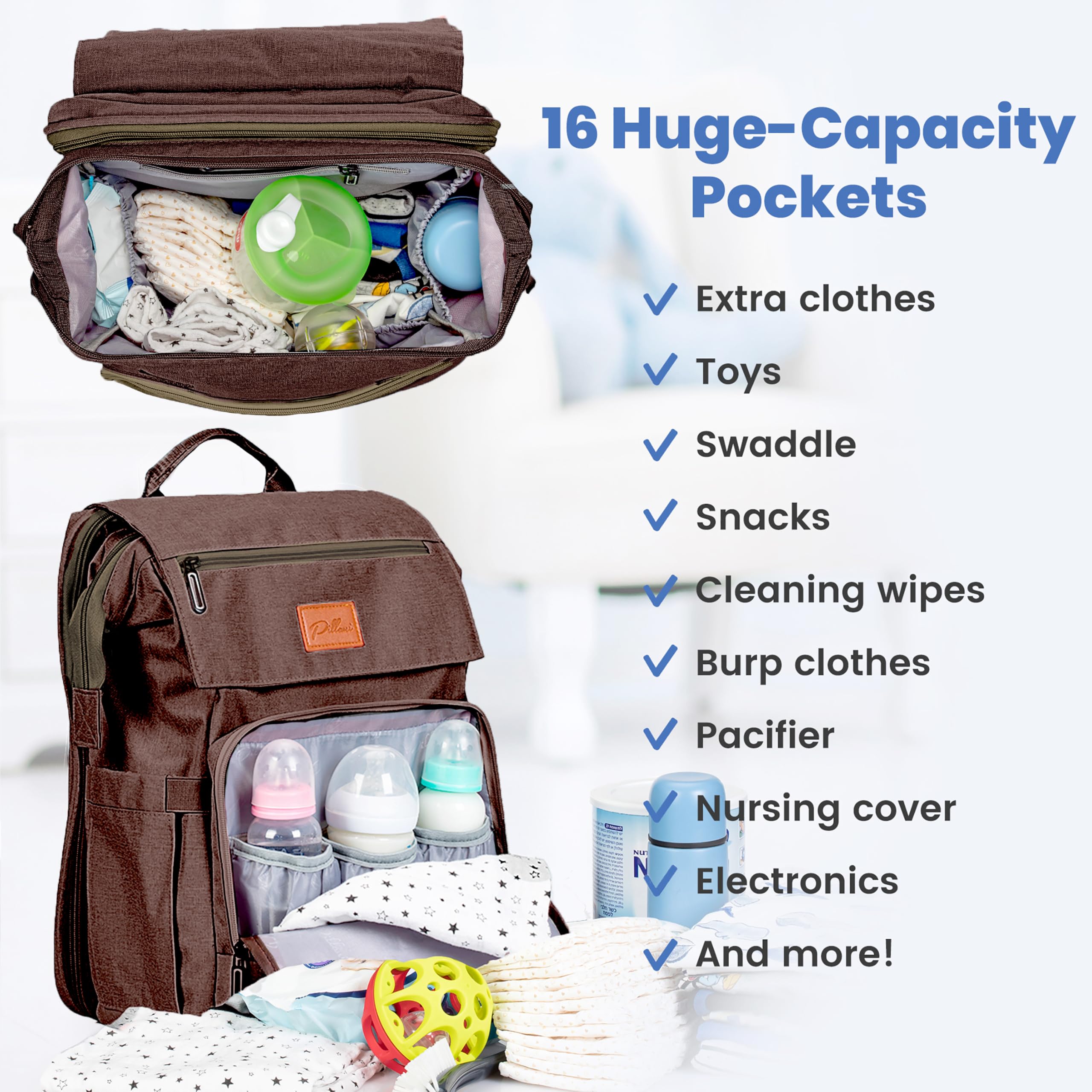 PILLANI diaper bag backpack main compartment organized for baby essentials.