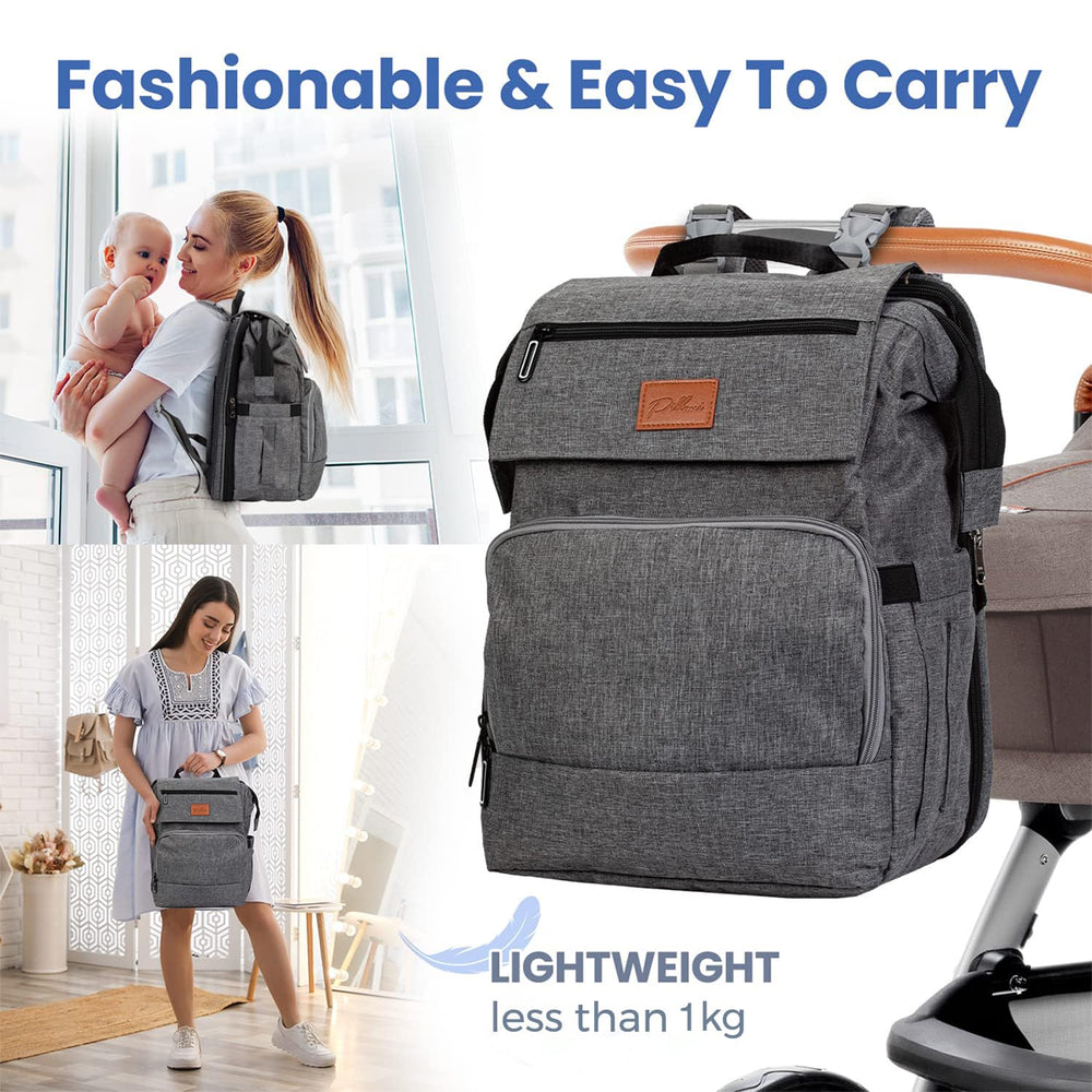 PILLANI diaper bag backpack main compartment offers roomy organization for newborn essentials.