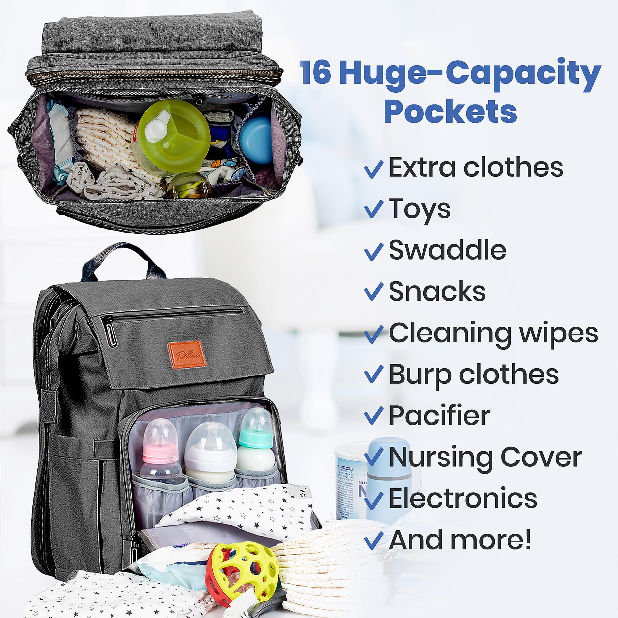 PILLANI diaper bag backpack shows organized pockets for bottles and wipes.