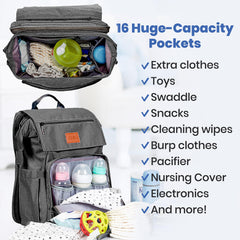 PILLANI diaper bag backpack shows organized pockets for bottles and wipes.