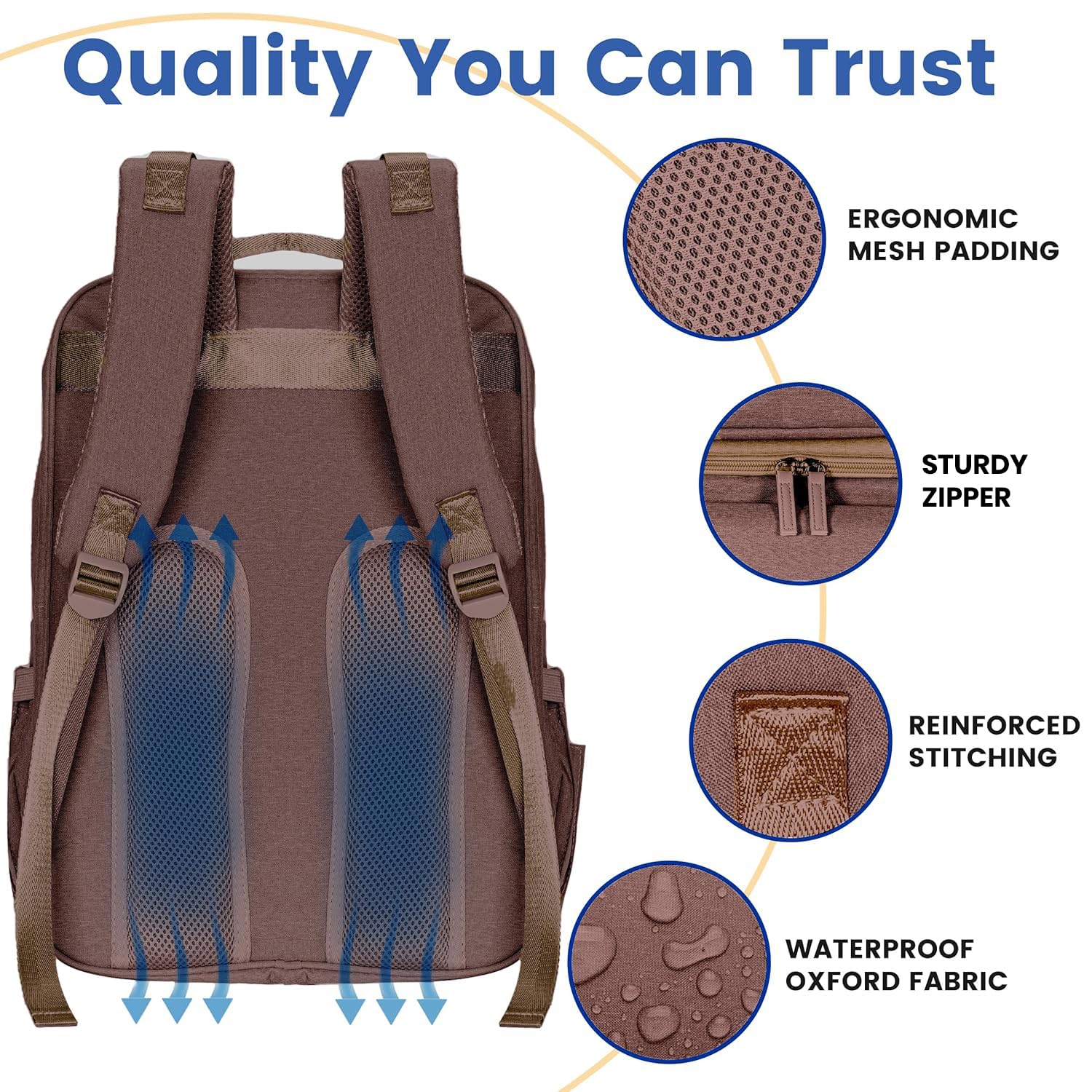 PILLANI diaper bag backpack side pockets hold wipes and tissues within reach.