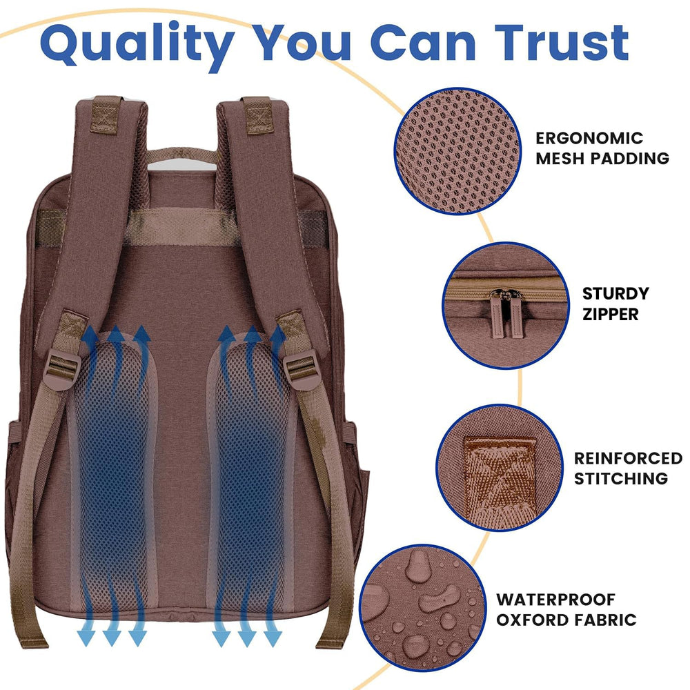PILLANI diaper bag backpack side pockets hold wipes and tissues within reach.