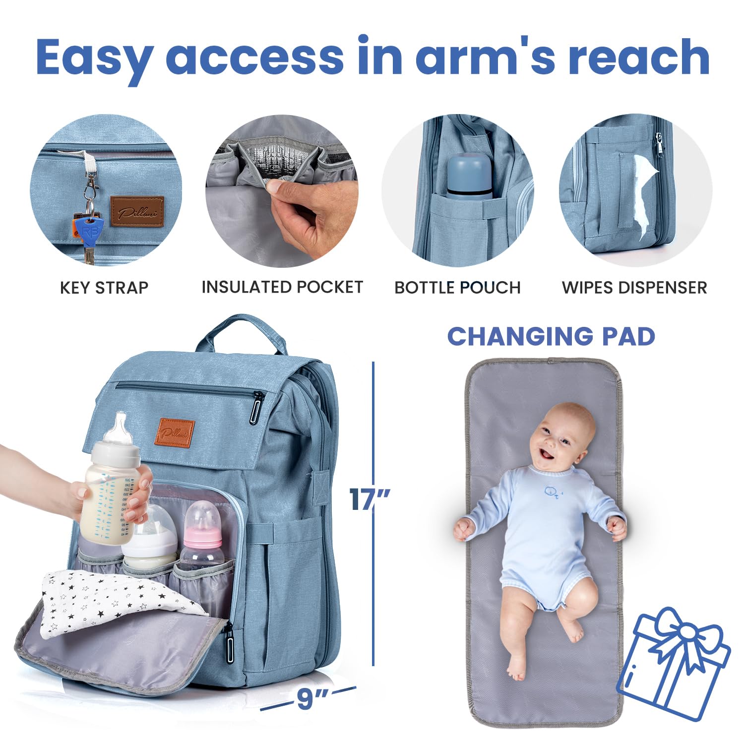 PILLANI diaper bag backpack side pockets for water bottles and wipes