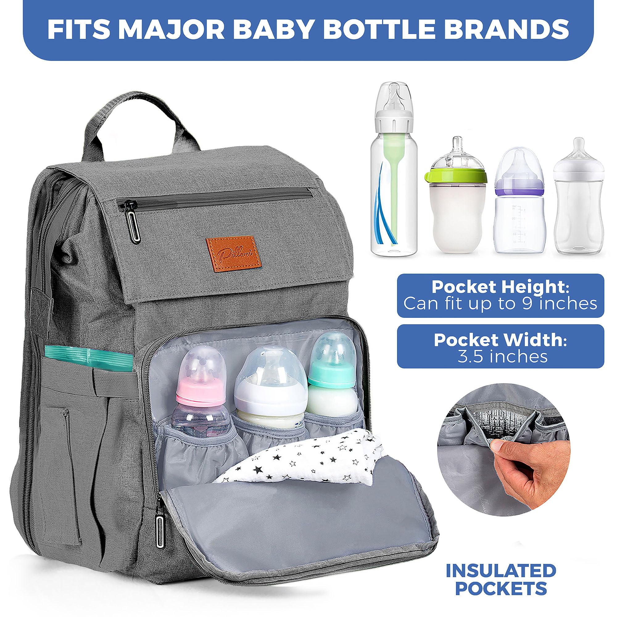 PILLANI diaper bag backpack featuring stroller straps for hands-free travel.