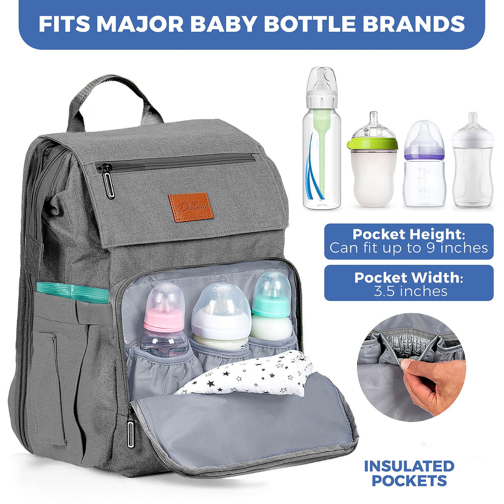 PILLANI diaper bag backpack featuring stroller straps for hands-free travel.