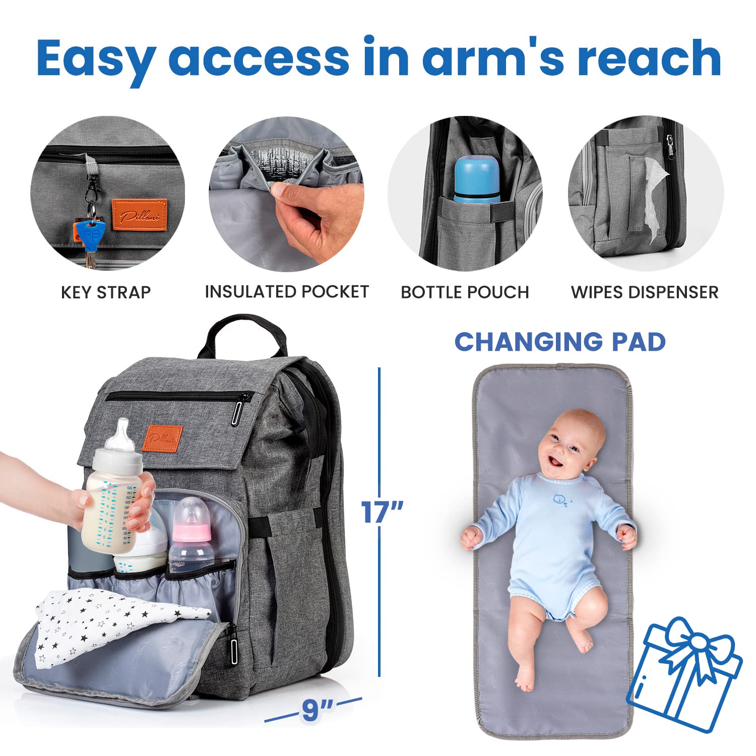 PILLANI diaper bag backpack stroller straps enable hands-free travel with kids.
