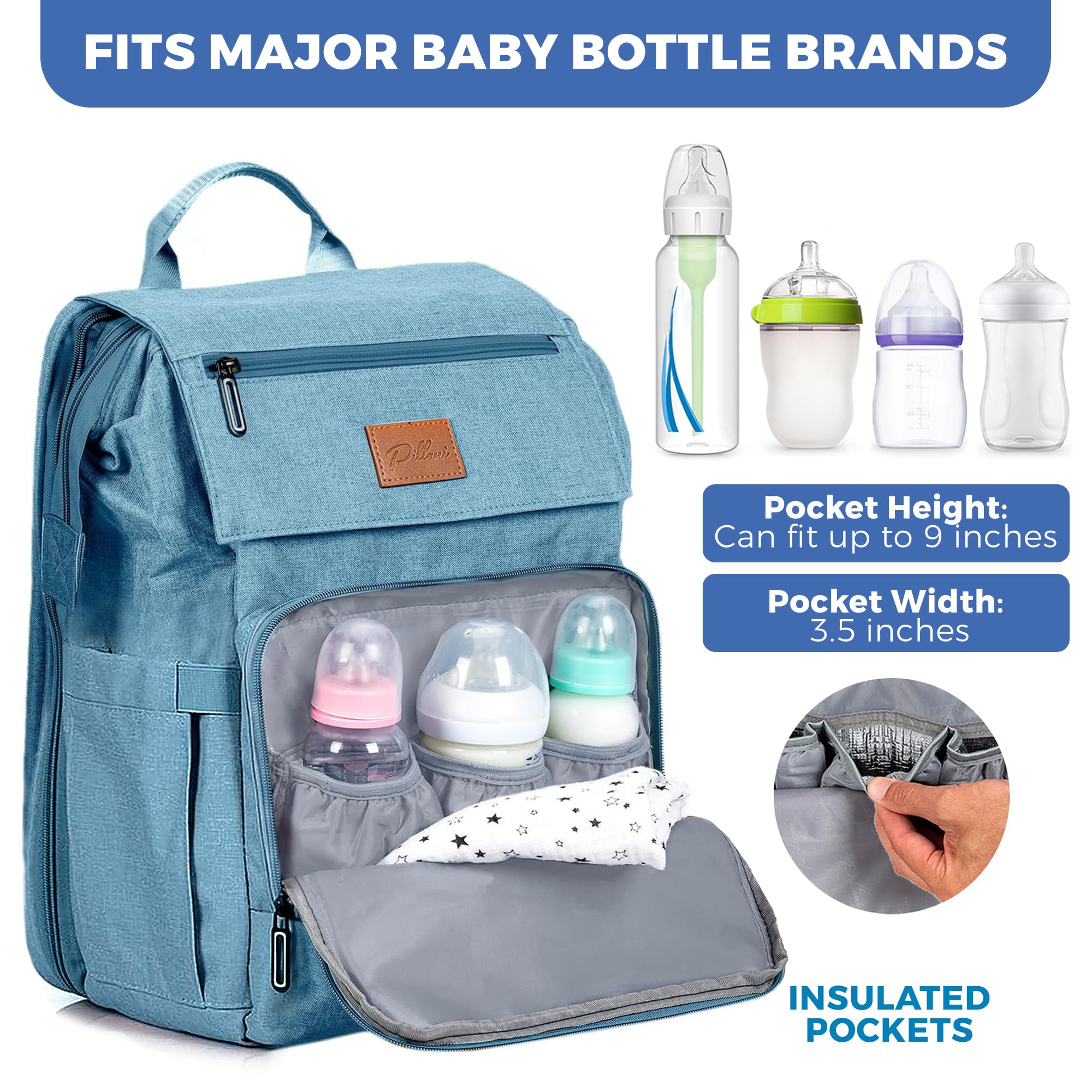 PILLANI diaper bag backpack built-in stroller straps for hands-free traveling