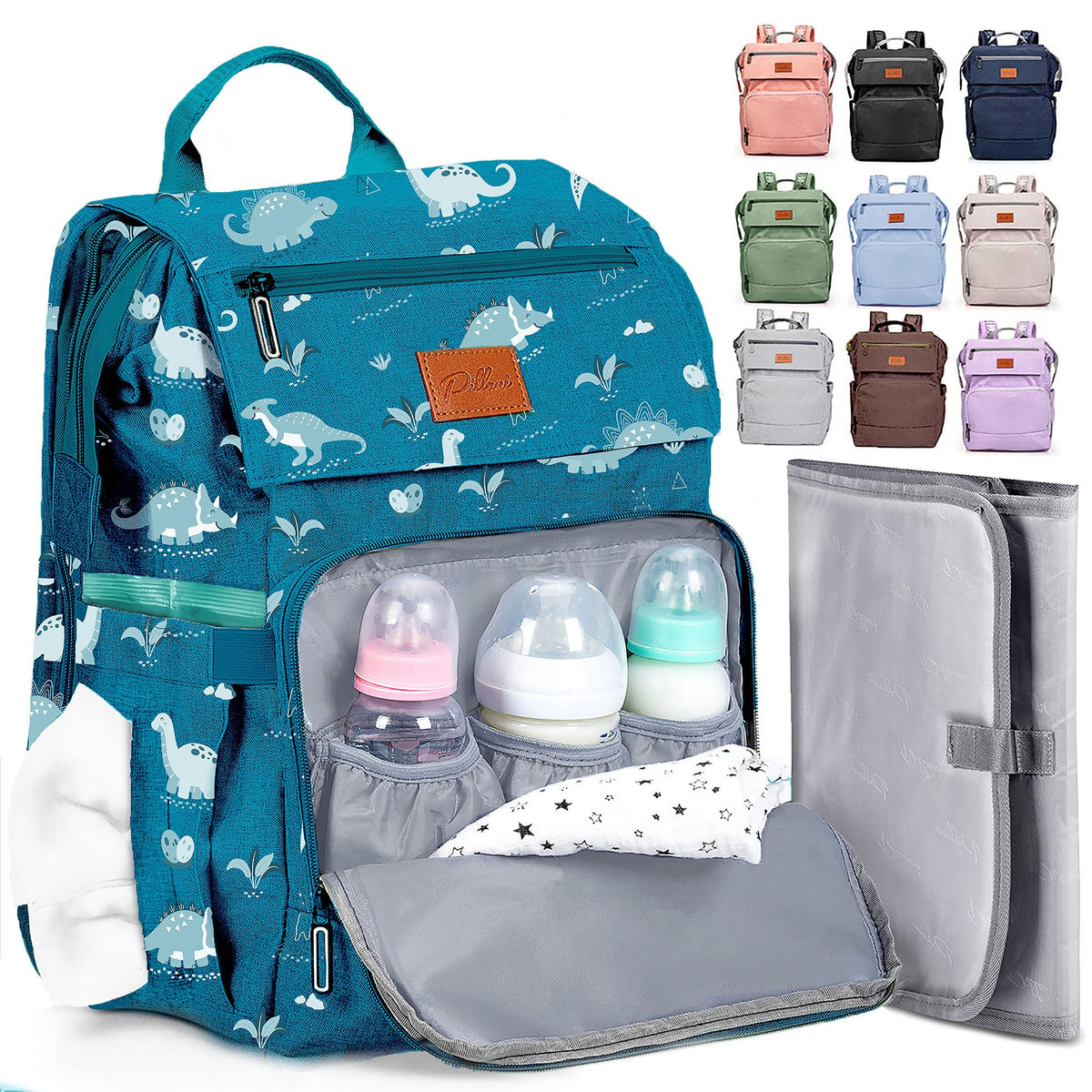 Pillani diaper backpack front flap pocket keeps keys and small items within reach.