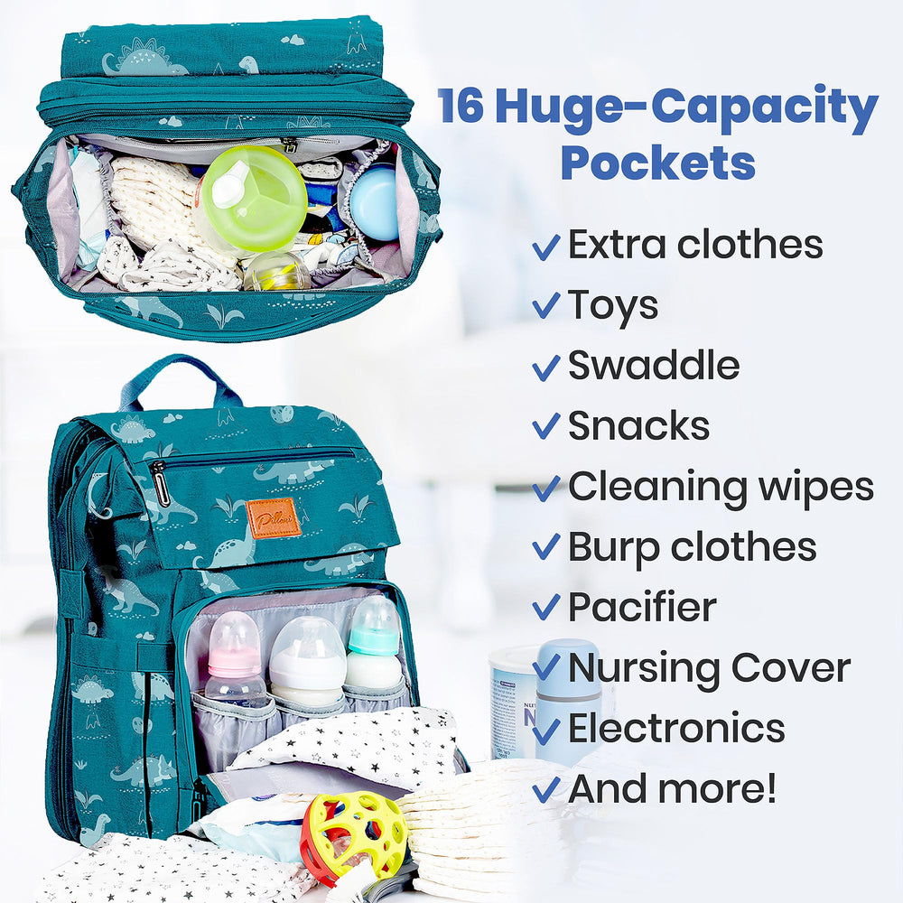 Pillani diaper backpack insulated bottle pockets maintain temperature for feeds.