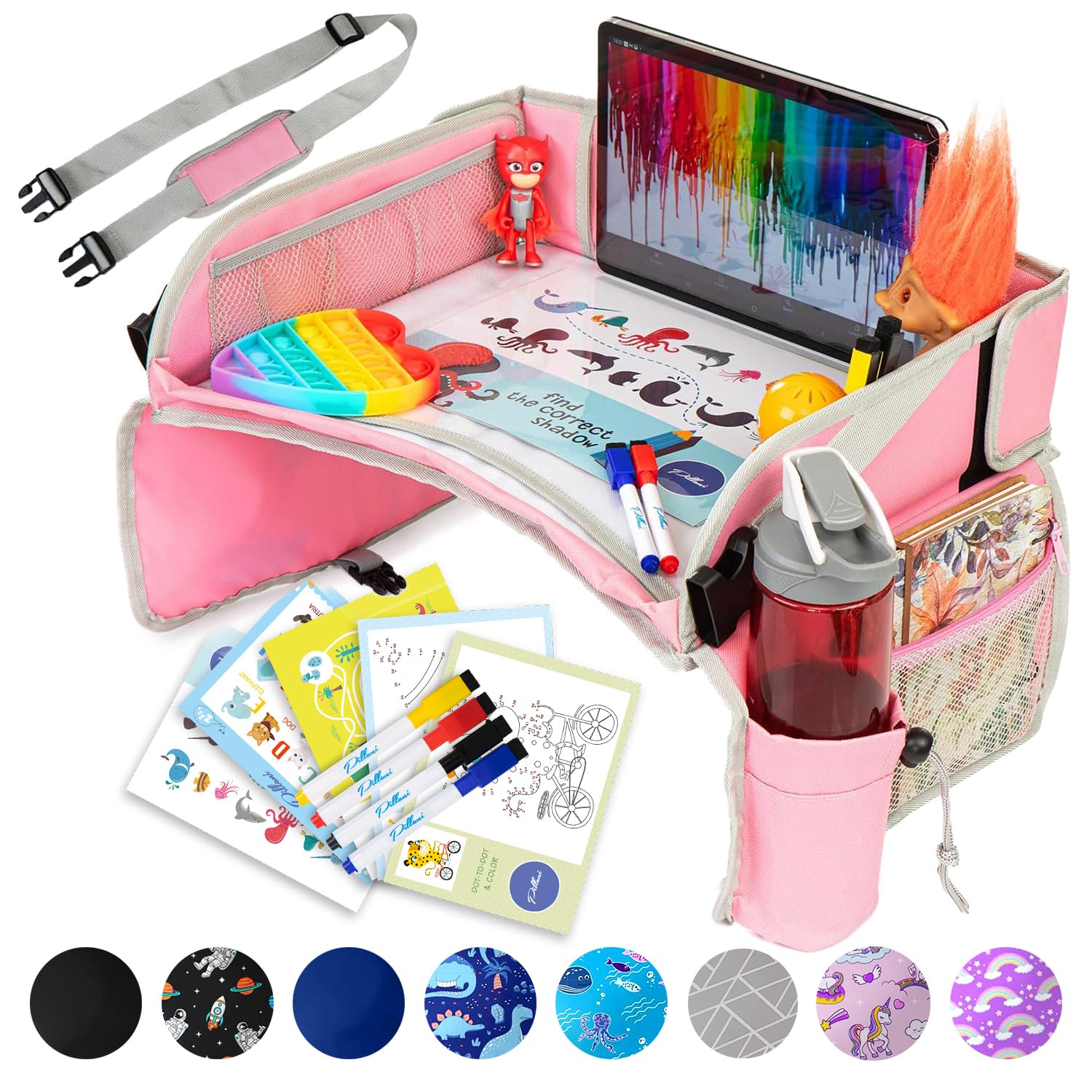 PILLANI Kids Travel Tray with car-seat organization pockets for clutter-free trips.
