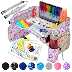 PILLANI Kids Travel Tray car-seat-tray-in-use securely supports tablets on road trips.