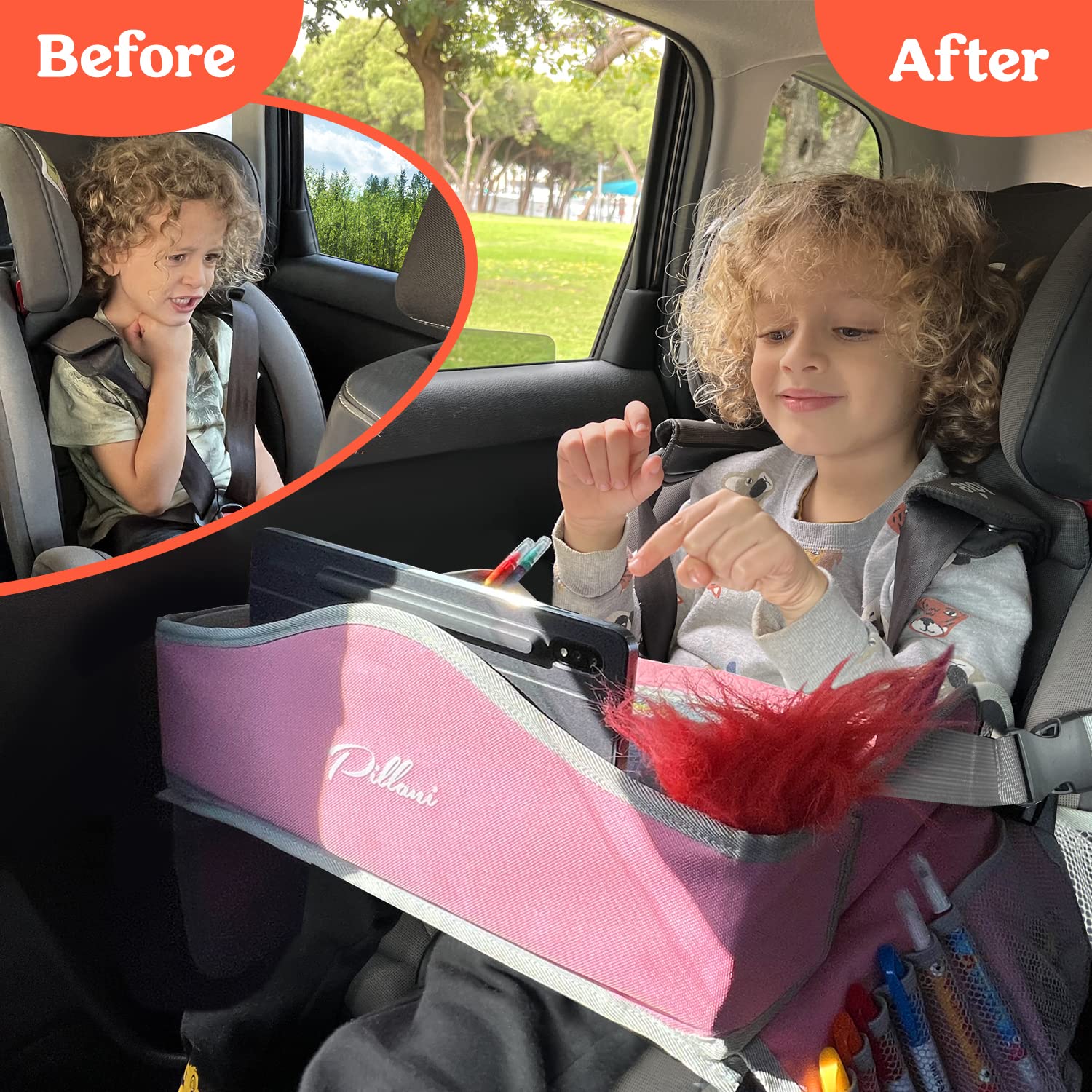 PILLANI Kids Travel Tray includes snack-ready surface for easy meals during drives.
