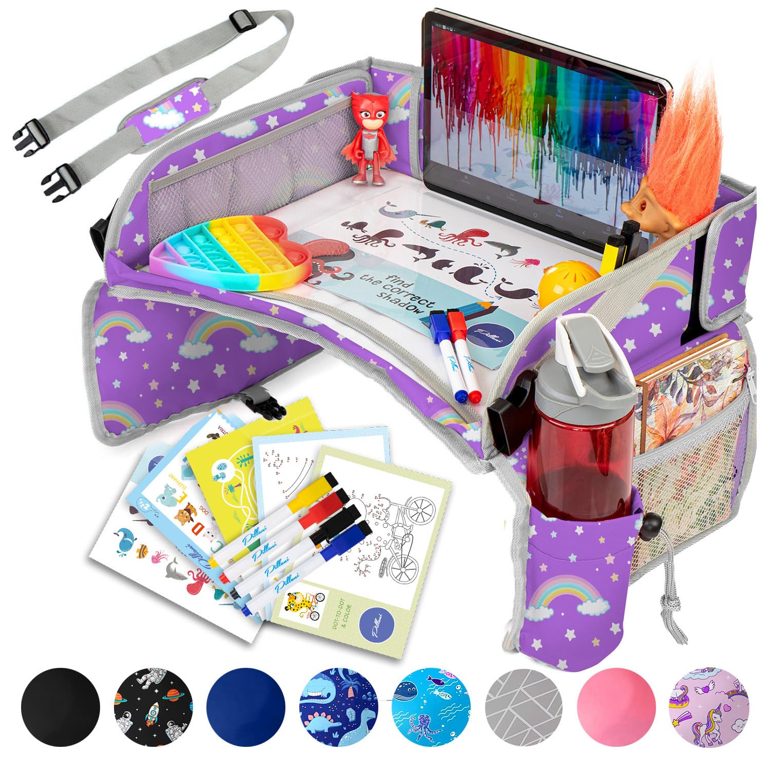 PILLANI Kids Travel Tray on car seat keeps snacks within reach for mess-free trips.