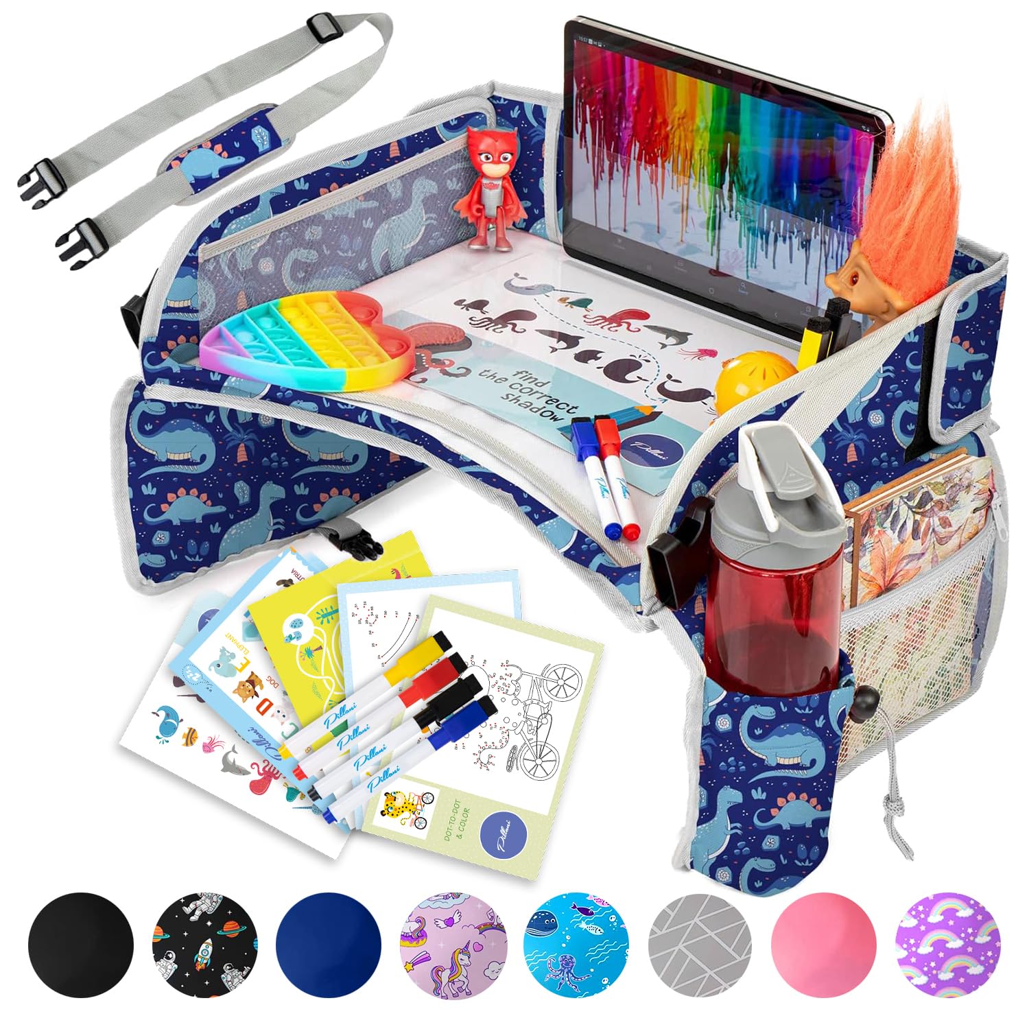 PILLANI Kids Travel Tray on car seat keeps kids entertained during road trips.