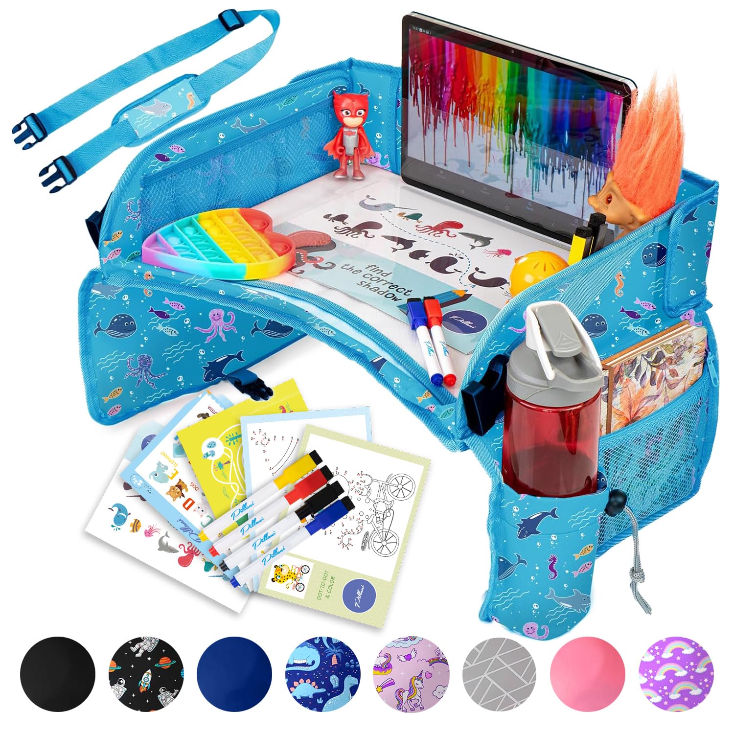 PILLANI Kids Travel Tray on-lap provides a cozy play surface during car trips.