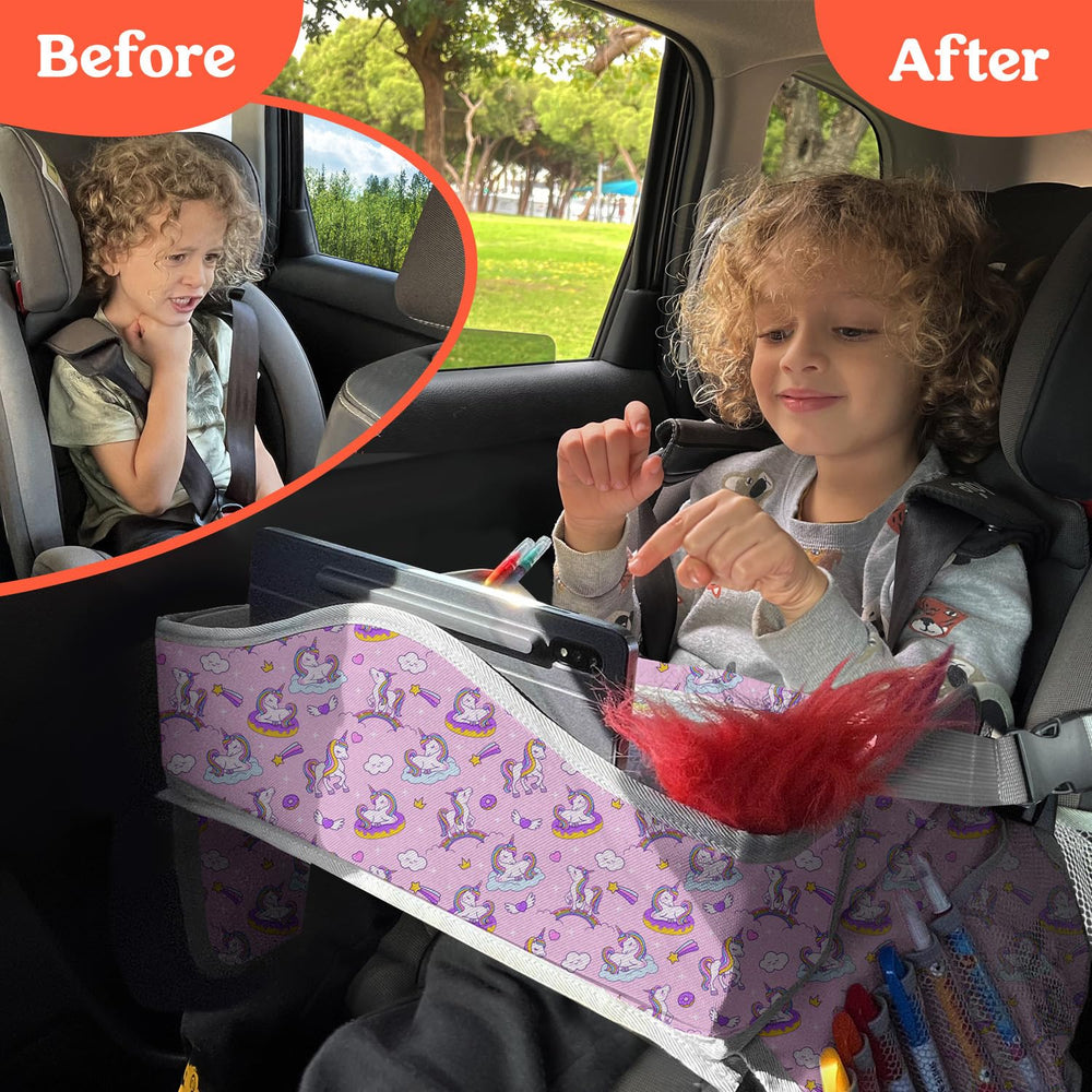 PILLANI Kids Travel Tray snack-and-tablet-setup keeps foods and devices within reach.