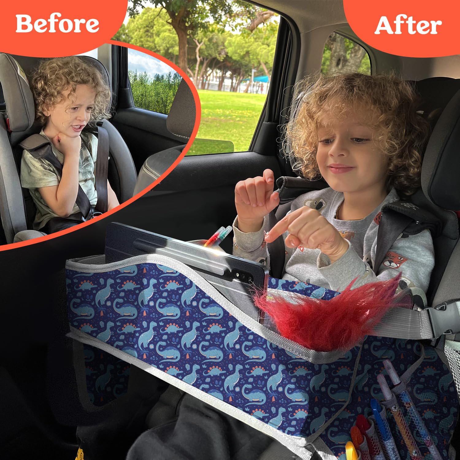 PILLANI Travel Tray with water bottle holder keeps drinks within reach during long drives.