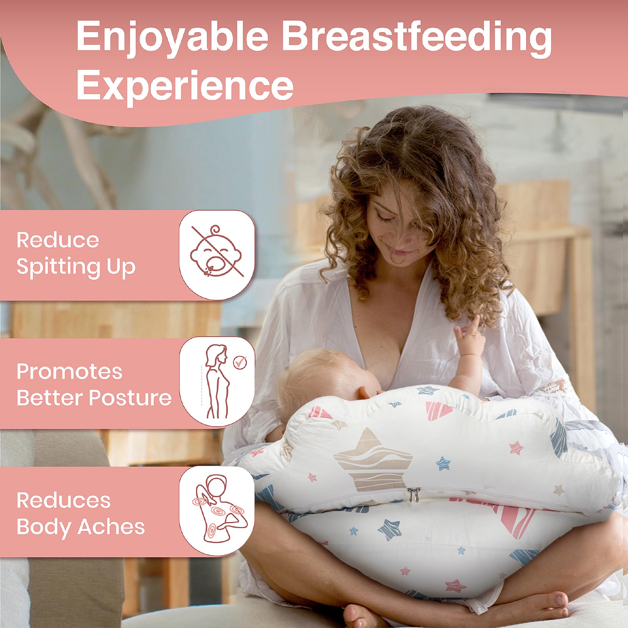 PILLANI nursing pillow with cloud design helps secure baby during feeding.