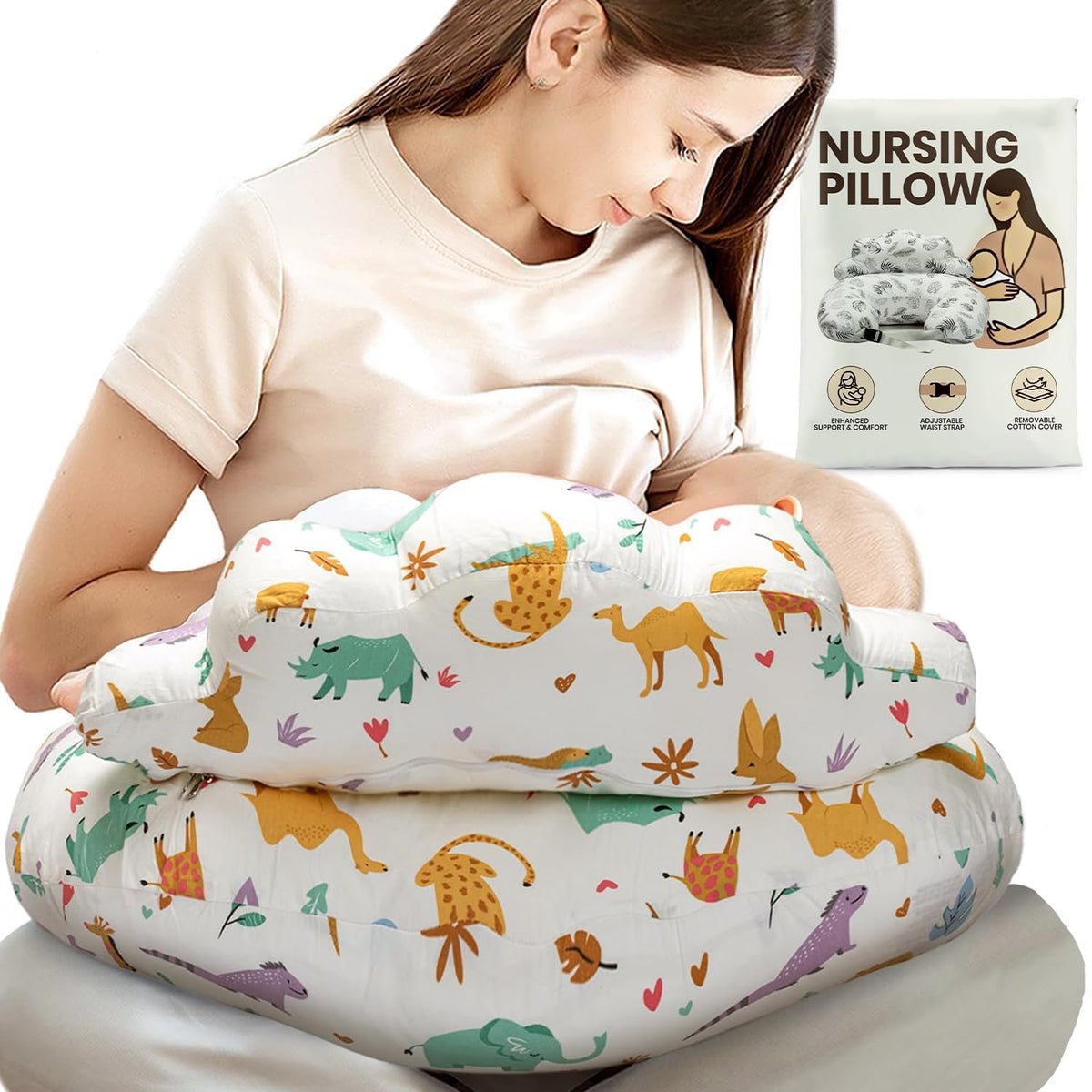PILLANI nursing pillow cloud design provides secure support during feeding.
