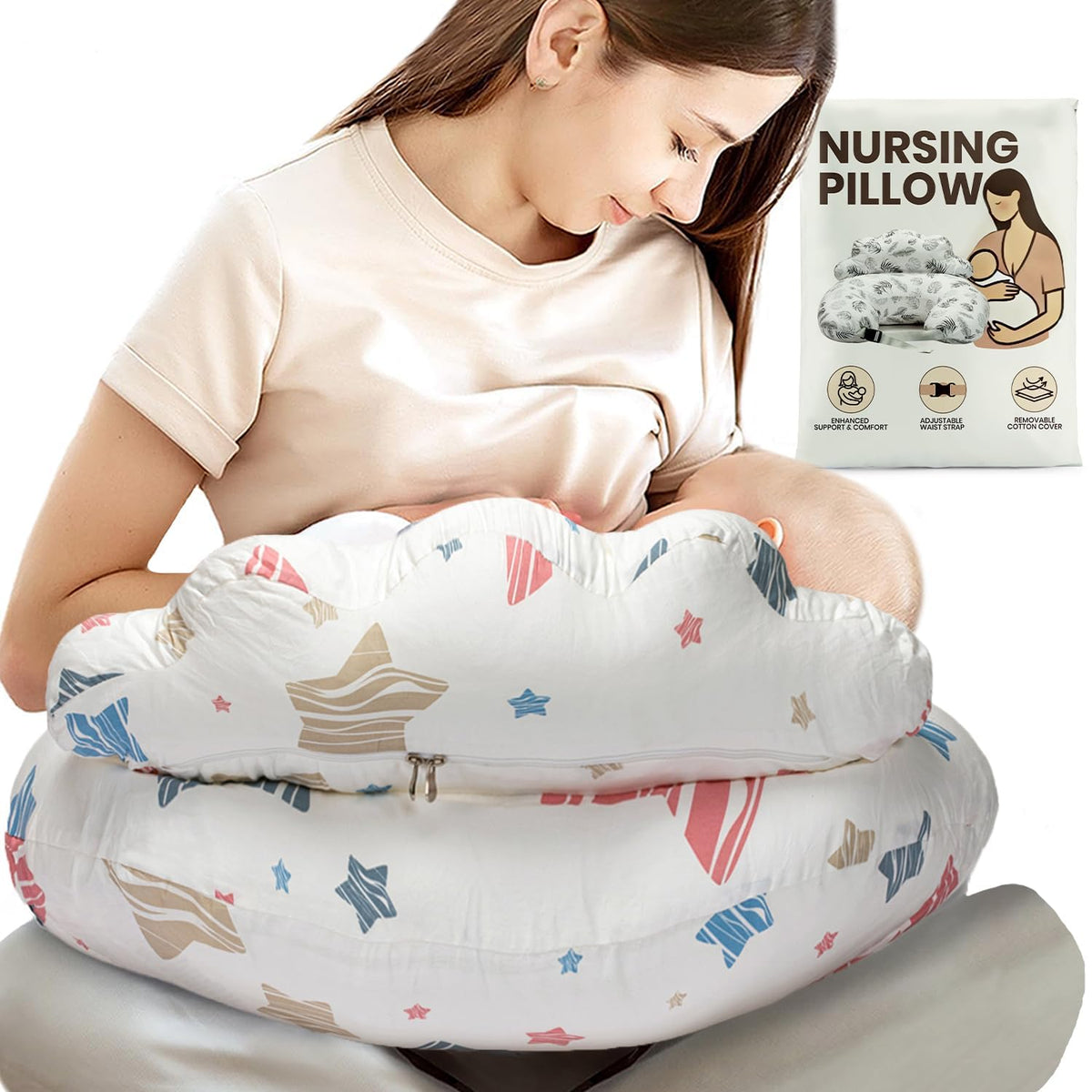 PILLANI nursing pillow supports shoulders for comfortable breastfeeding sessions.